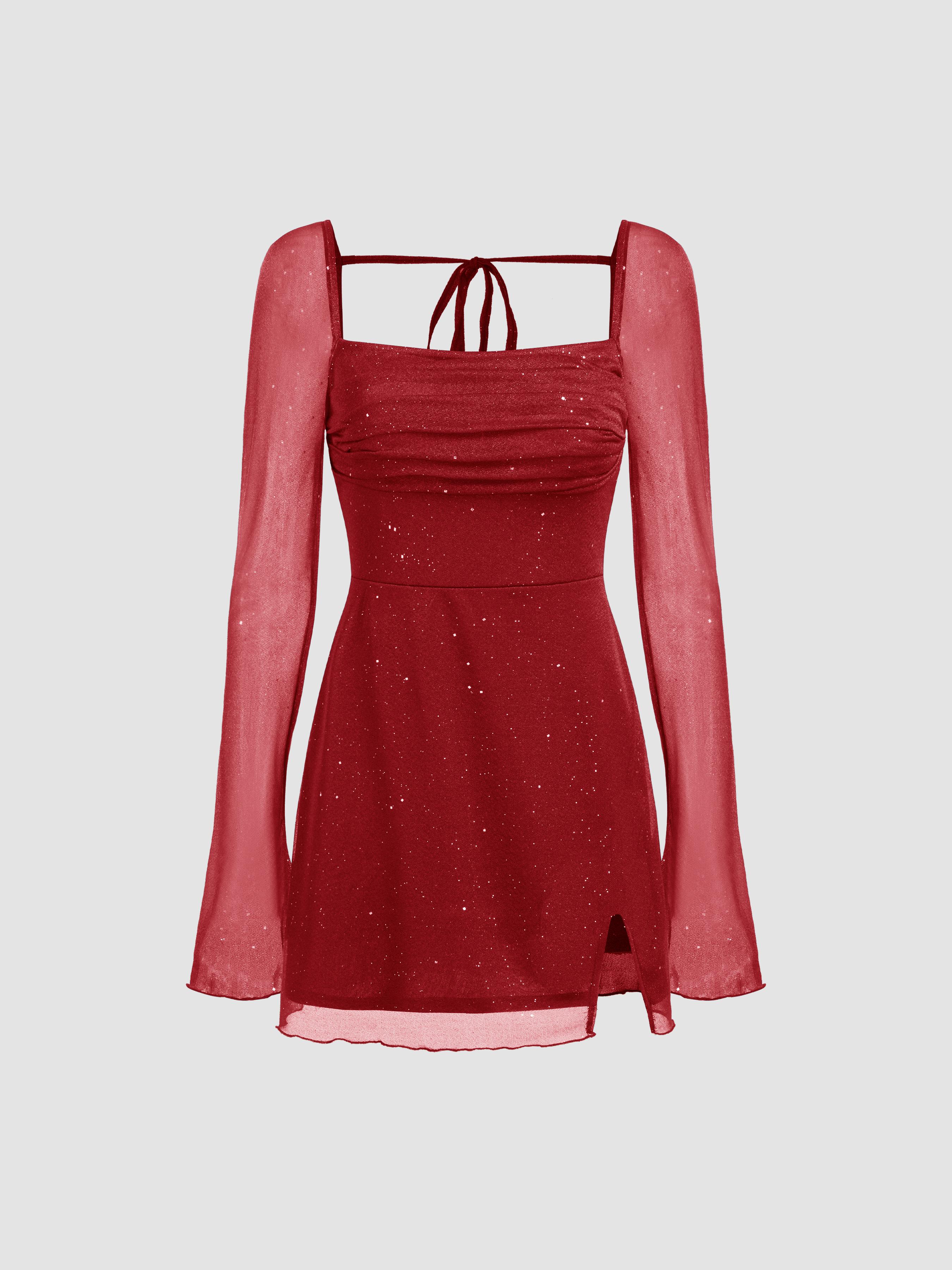 Square Neck Solid Glitter Knotted Mini Dress by CIDER