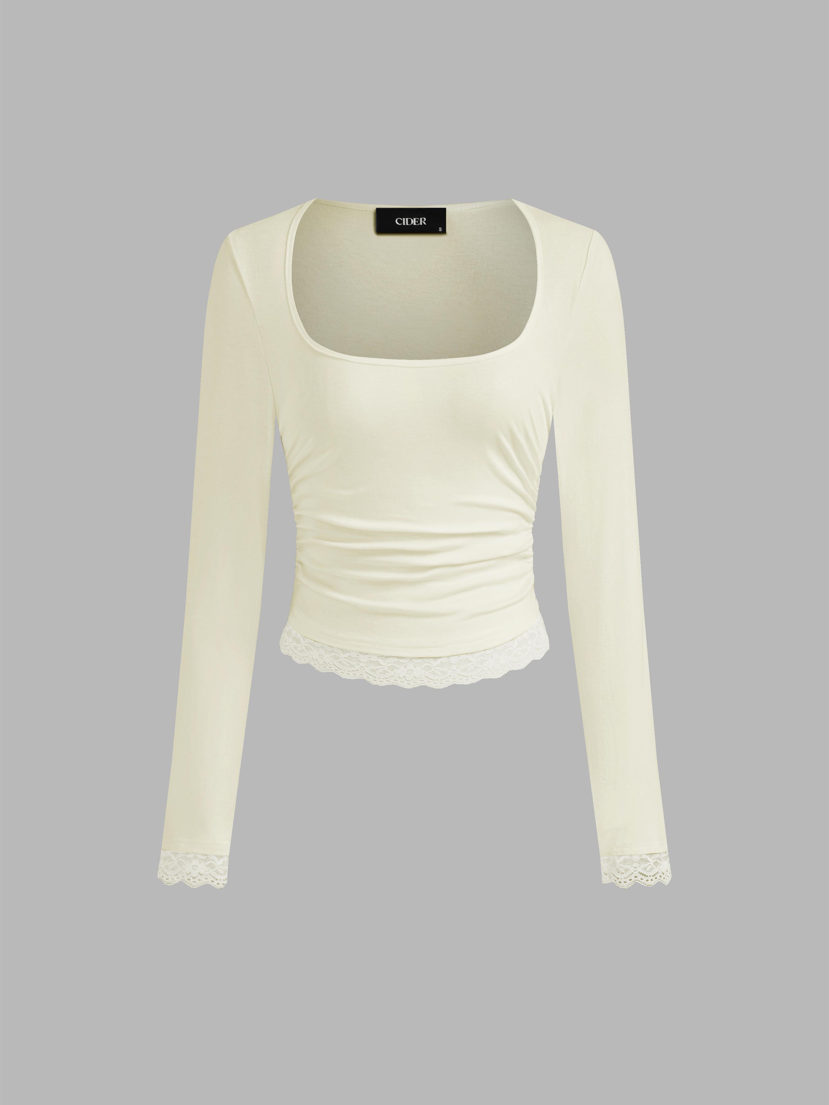 Square Neck Solid Lace Trim Ruched Long Sleeve Tee by CIDER