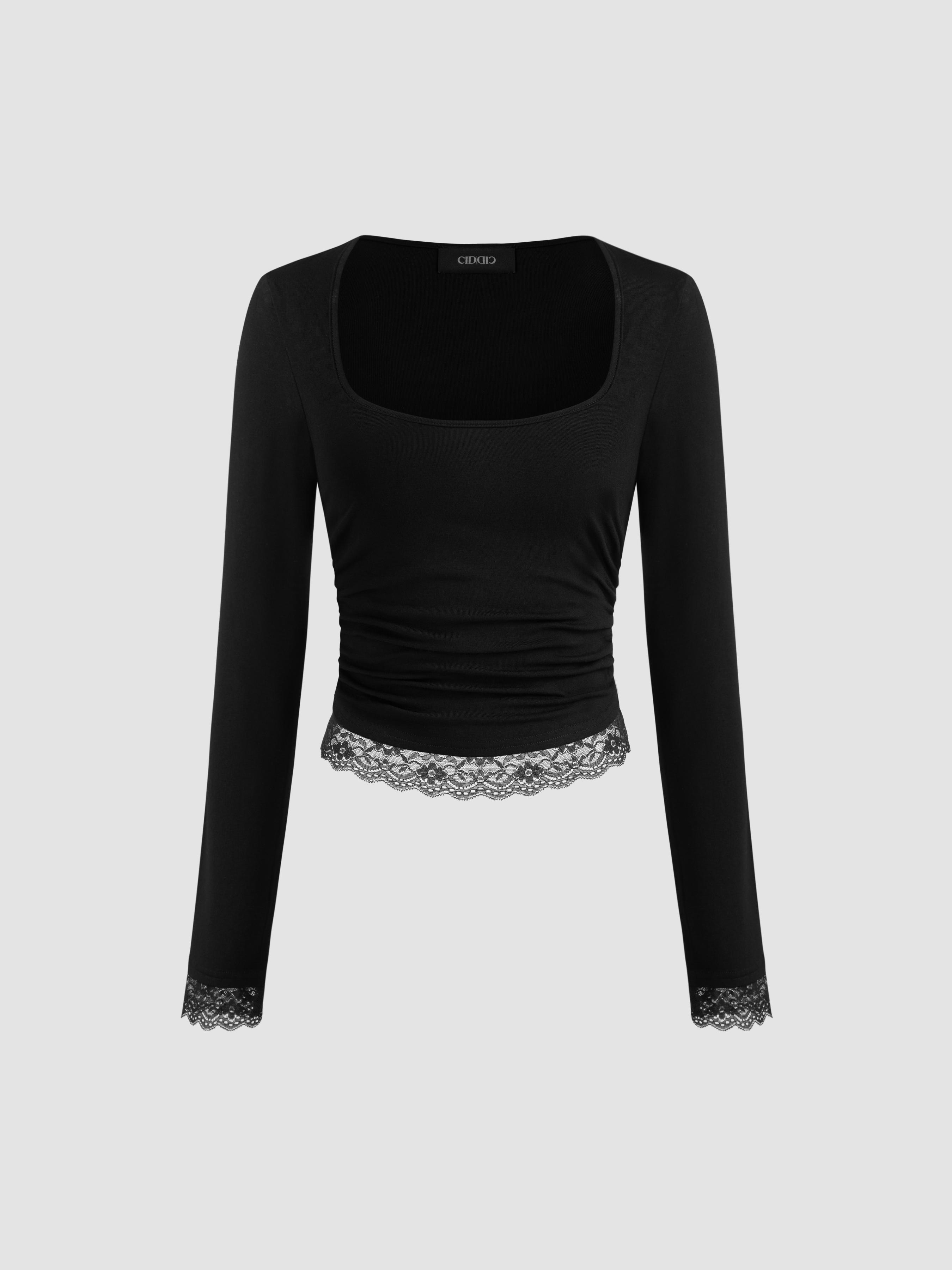 Square Neck Solid Lace Trim Ruched Long Sleeve Tee by CIDER