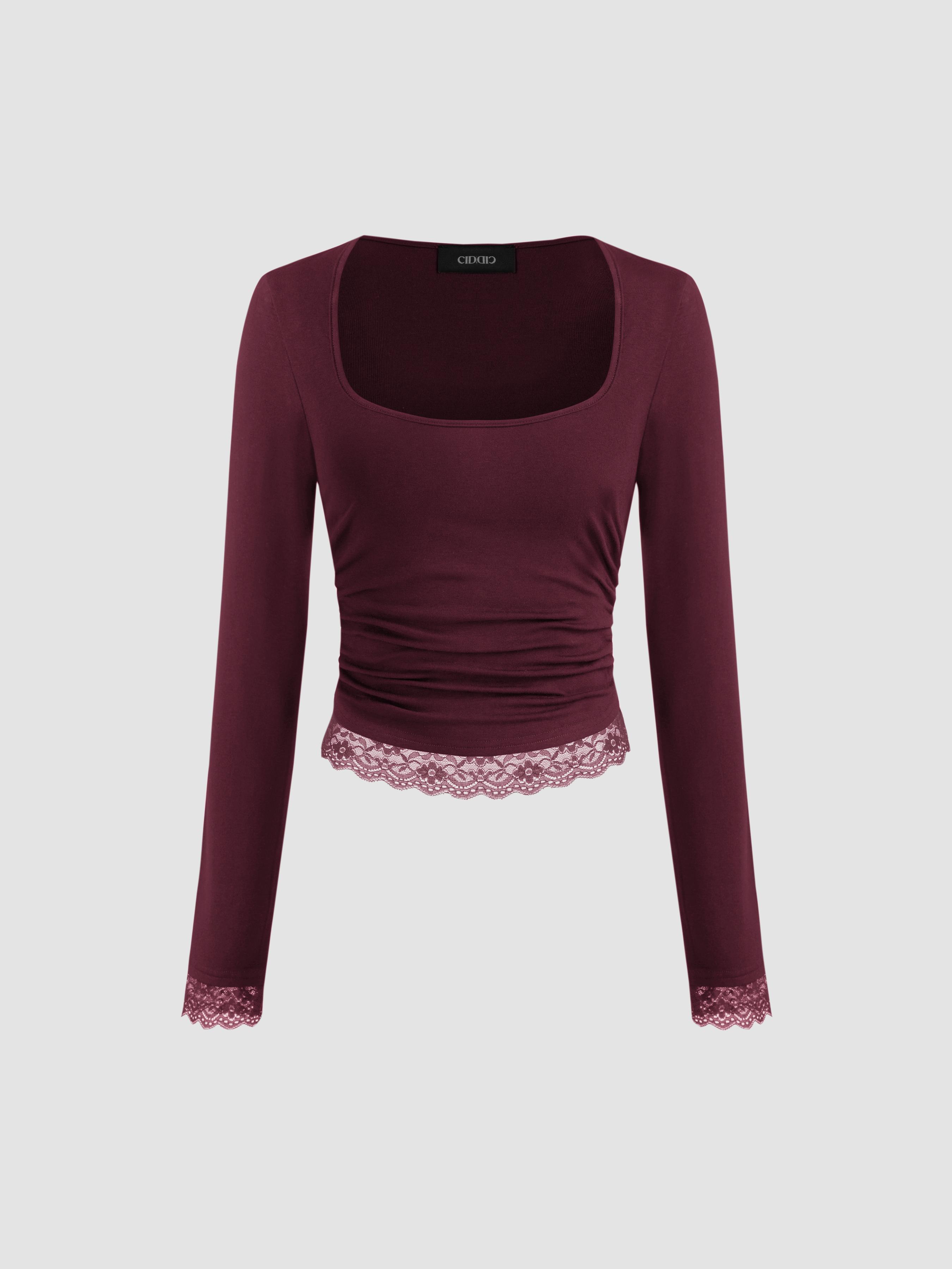 Square Neck Solid Lace Trim Ruched Long Sleeve Tee by CIDER
