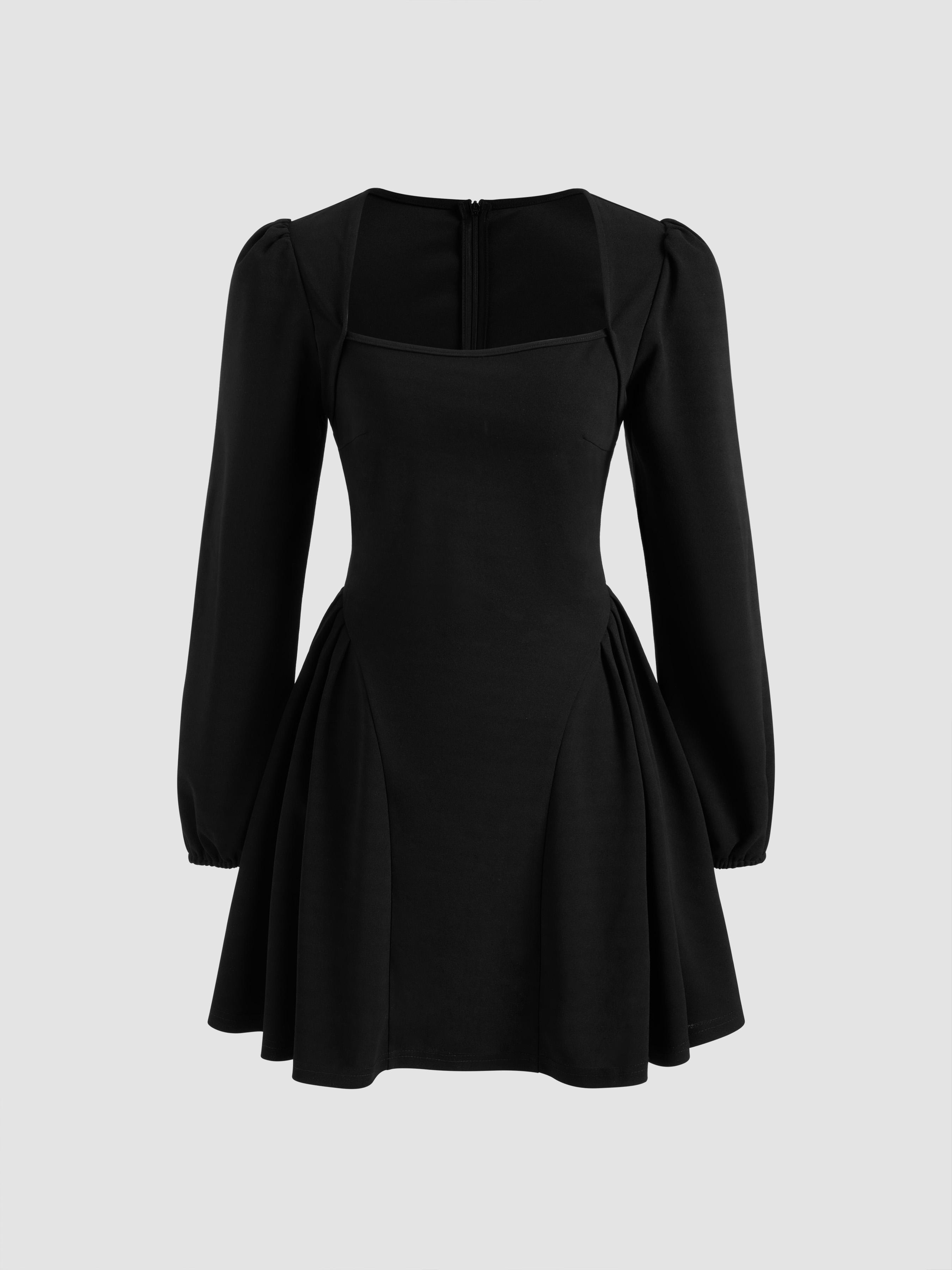 Square Neck Solid Pleated Ruffle Zipper Mini Dress by CIDER