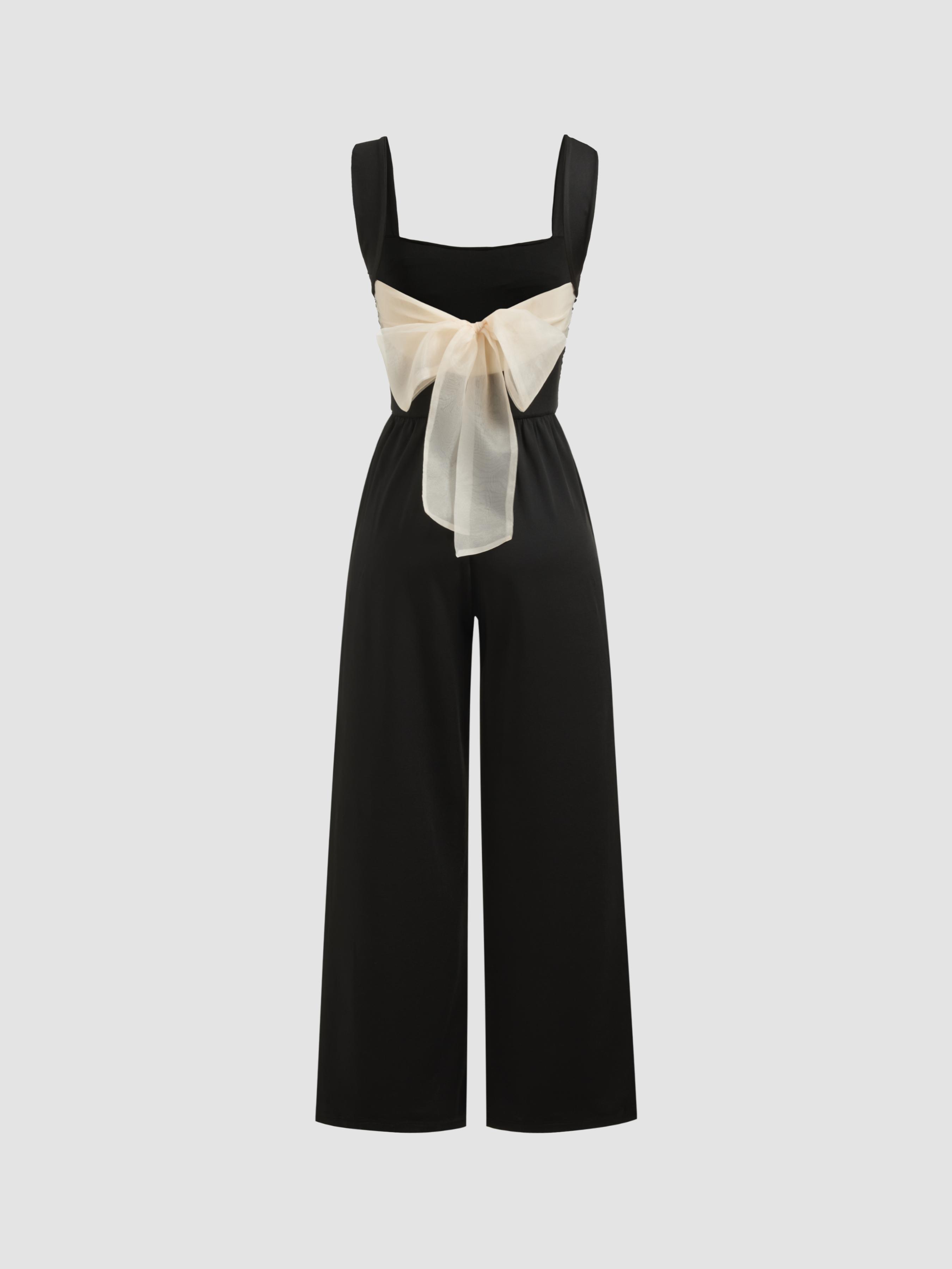 Square Neck Solid Ruched Bowknot Jumpsuit by CIDER