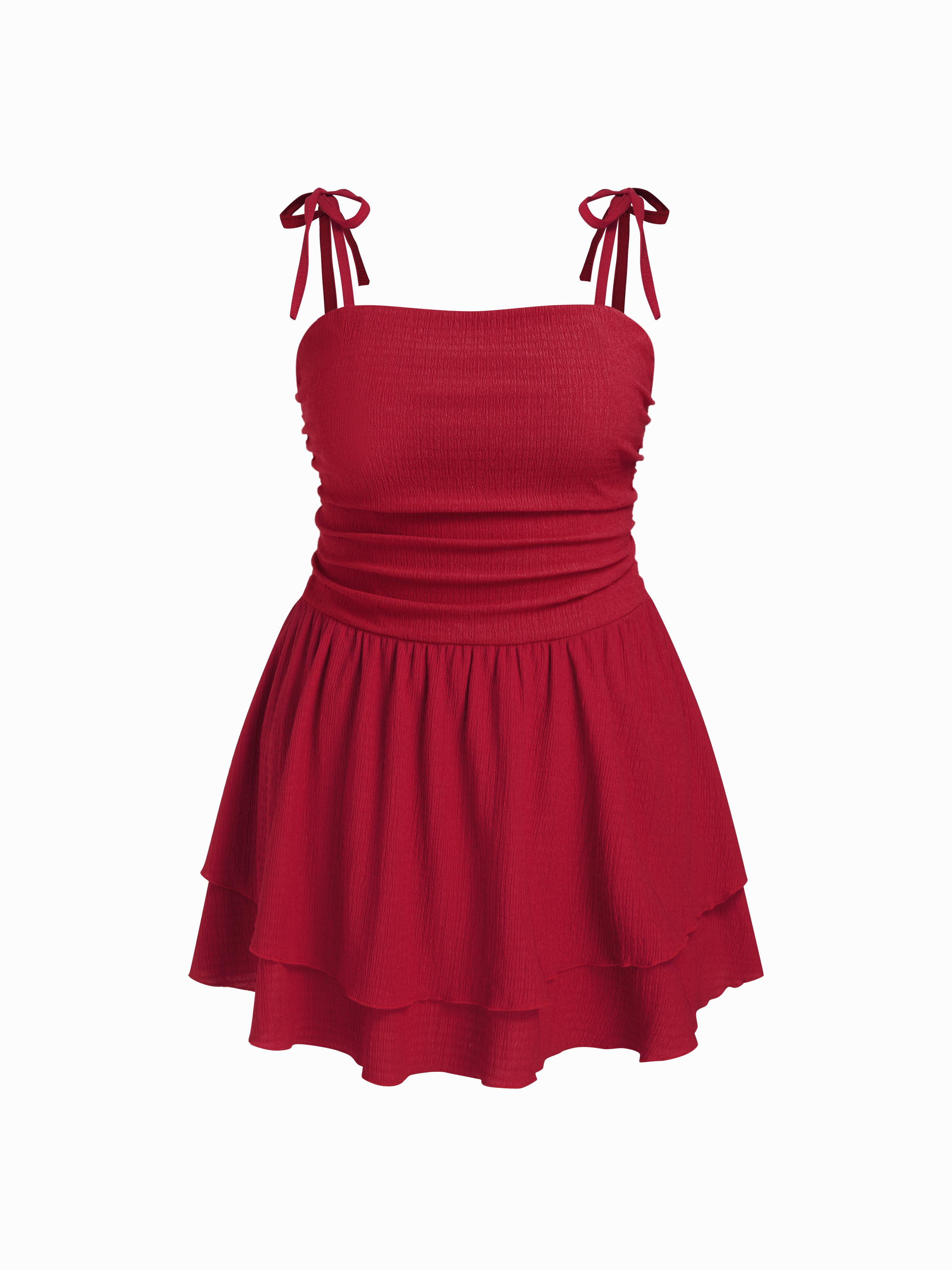 Square Neck Solid Ruched Knotted Layered Mini Dress Curve & Plus by CIDER