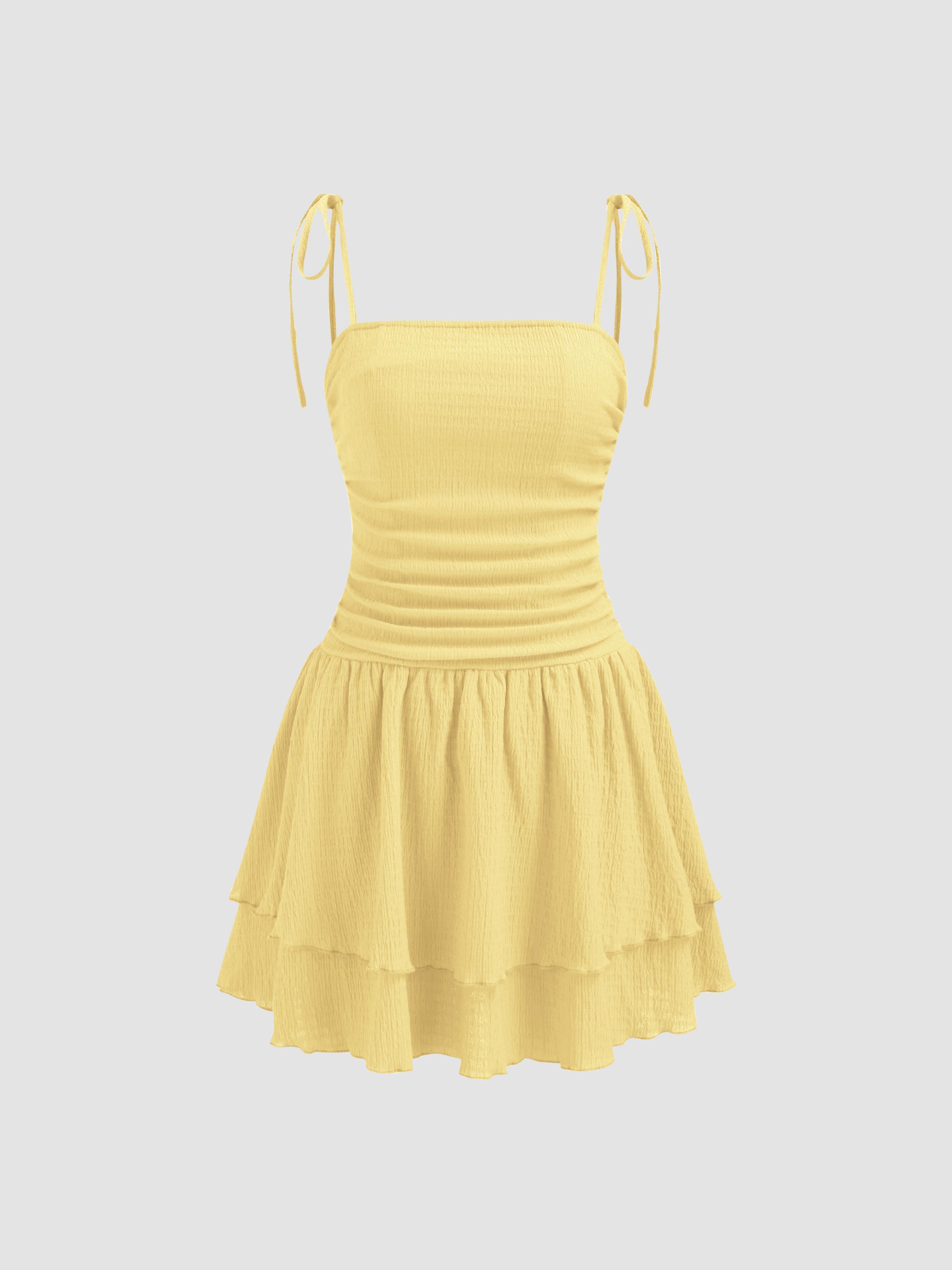 Square Neck Solid Ruched Knotted Layered Mini Dress by CIDER