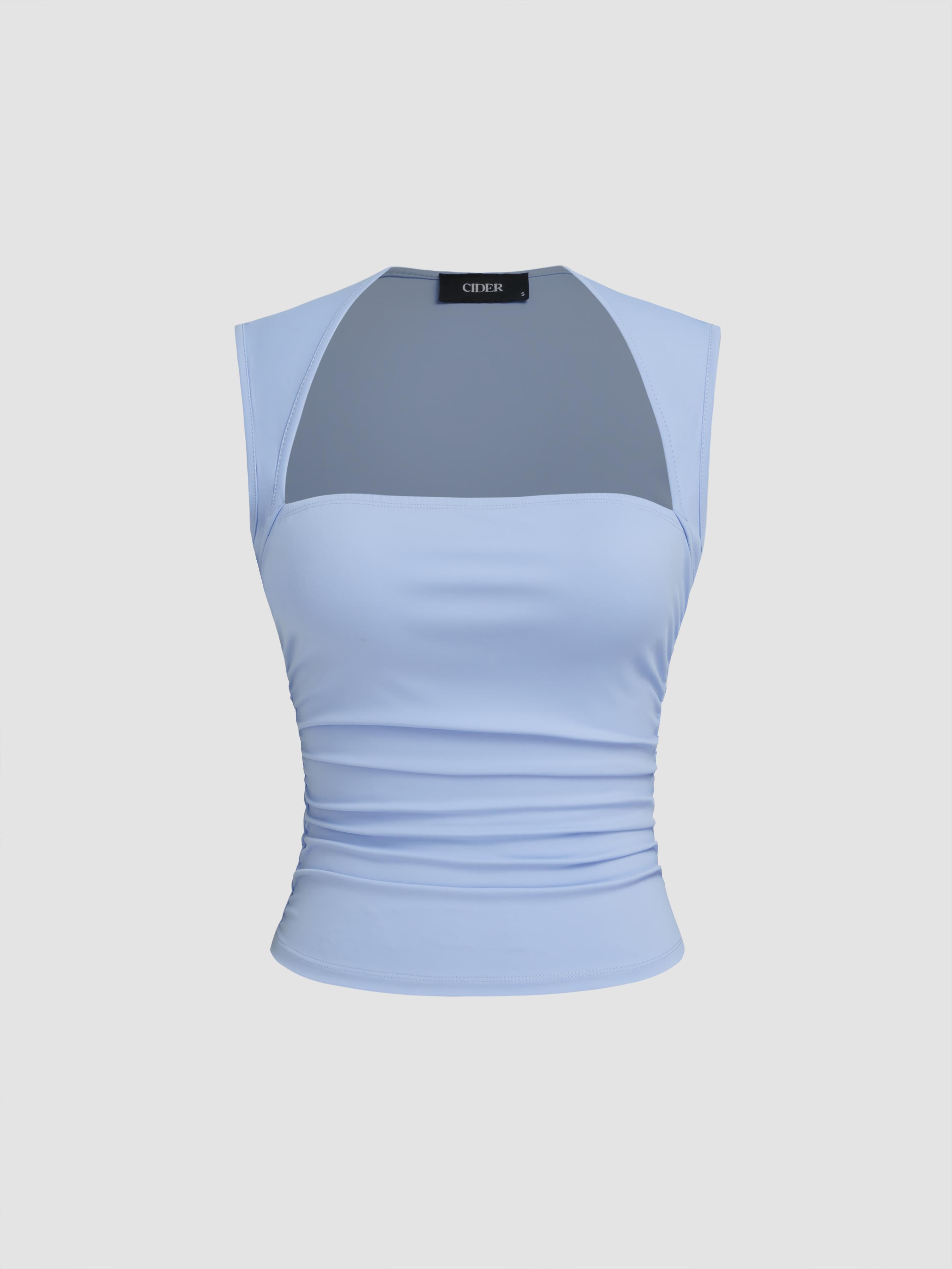 Square Neck Solid Ruched Tank Top by CIDER