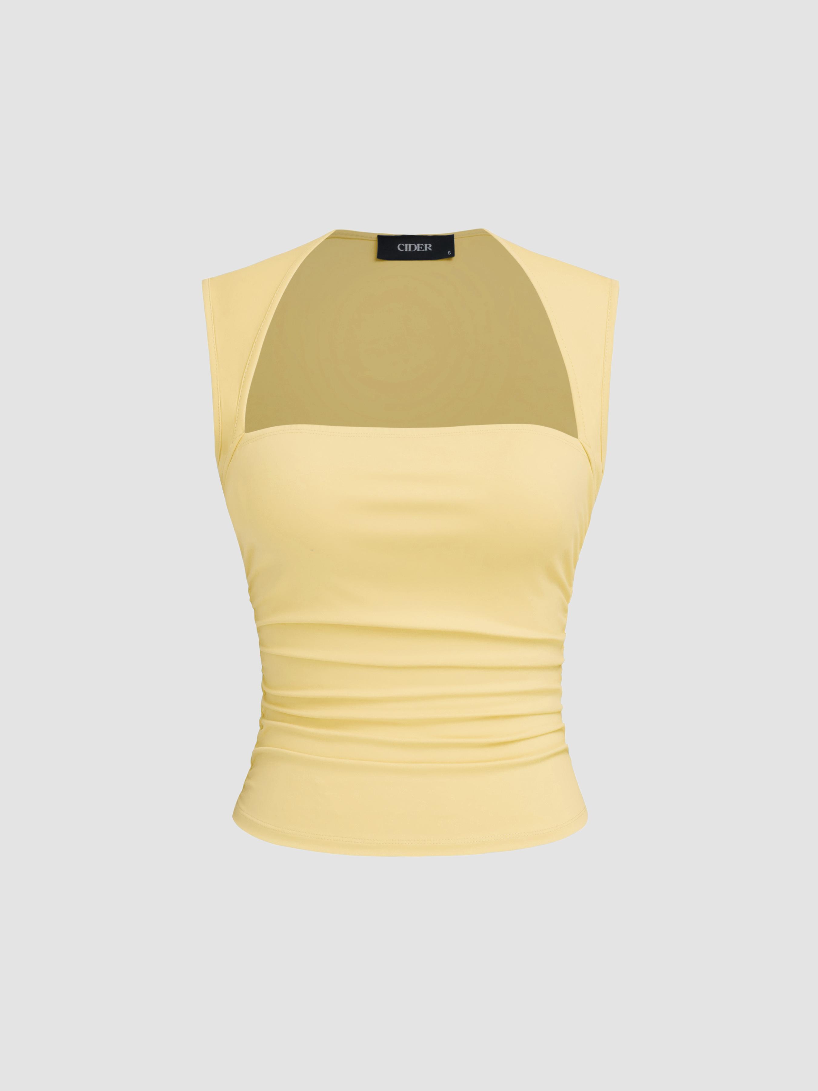 Square Neck Solid Ruched Tank Top by CIDER