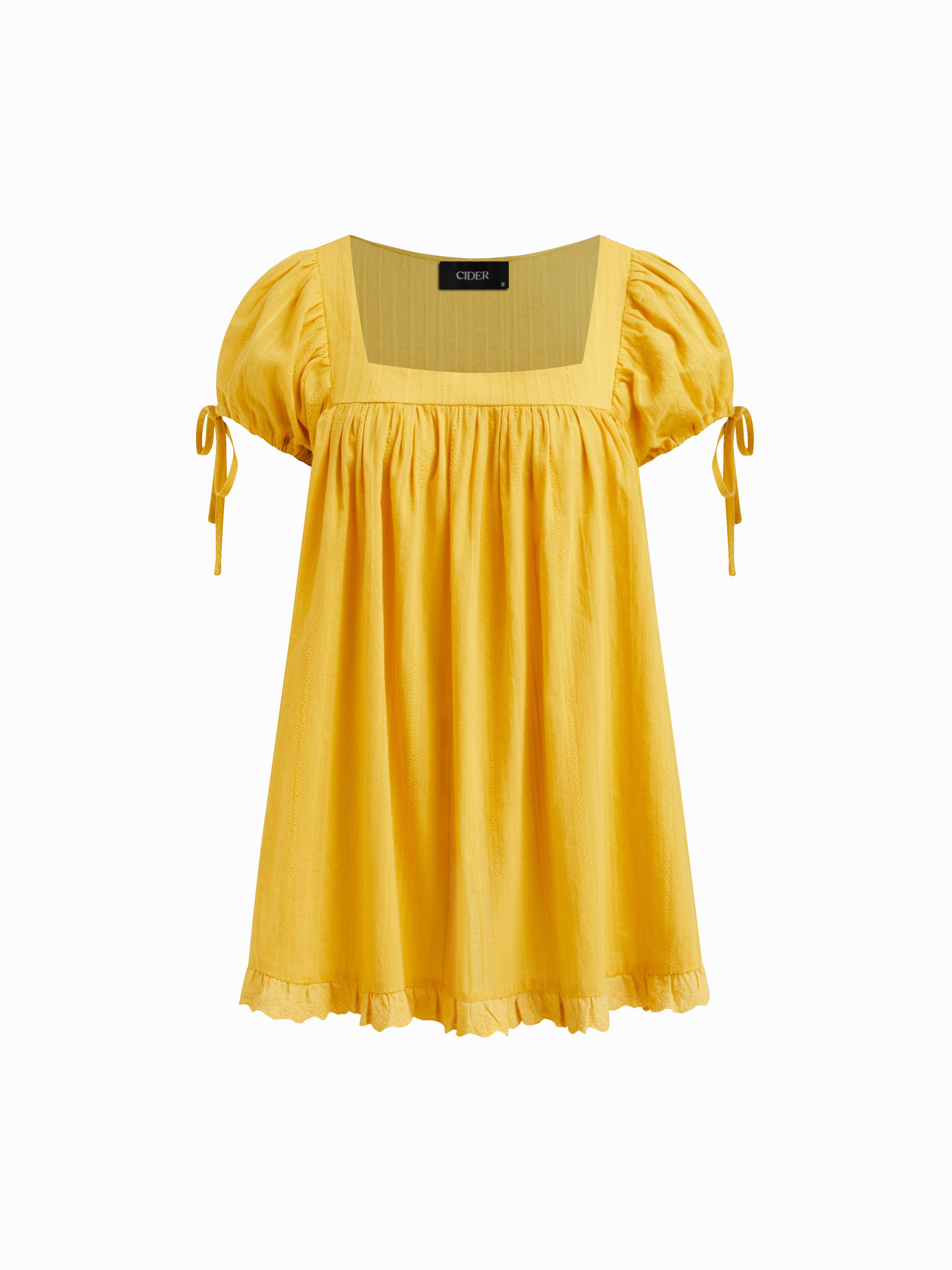 Square Neck Solid Ruffle Knotted Short Sleeve Blouse by CIDER