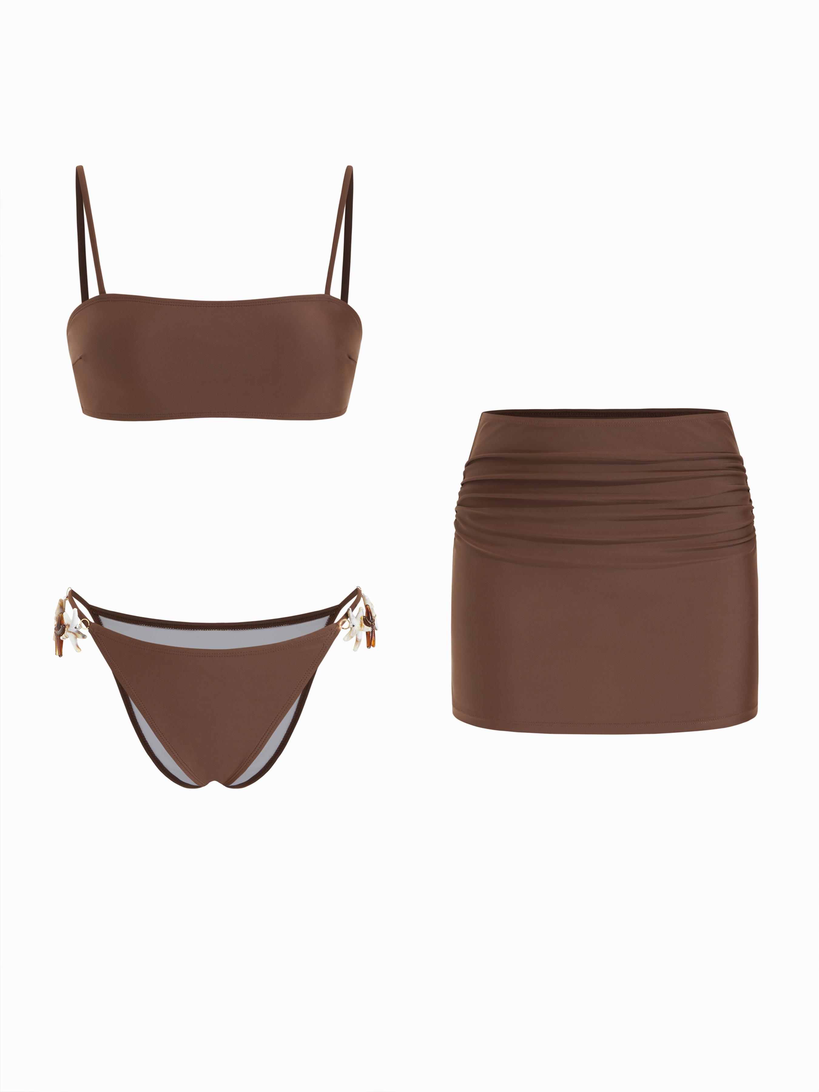 Square Neck Starfish Detail Bandeau Bikini Set With Ruched Cover Up Skirt by CIDER