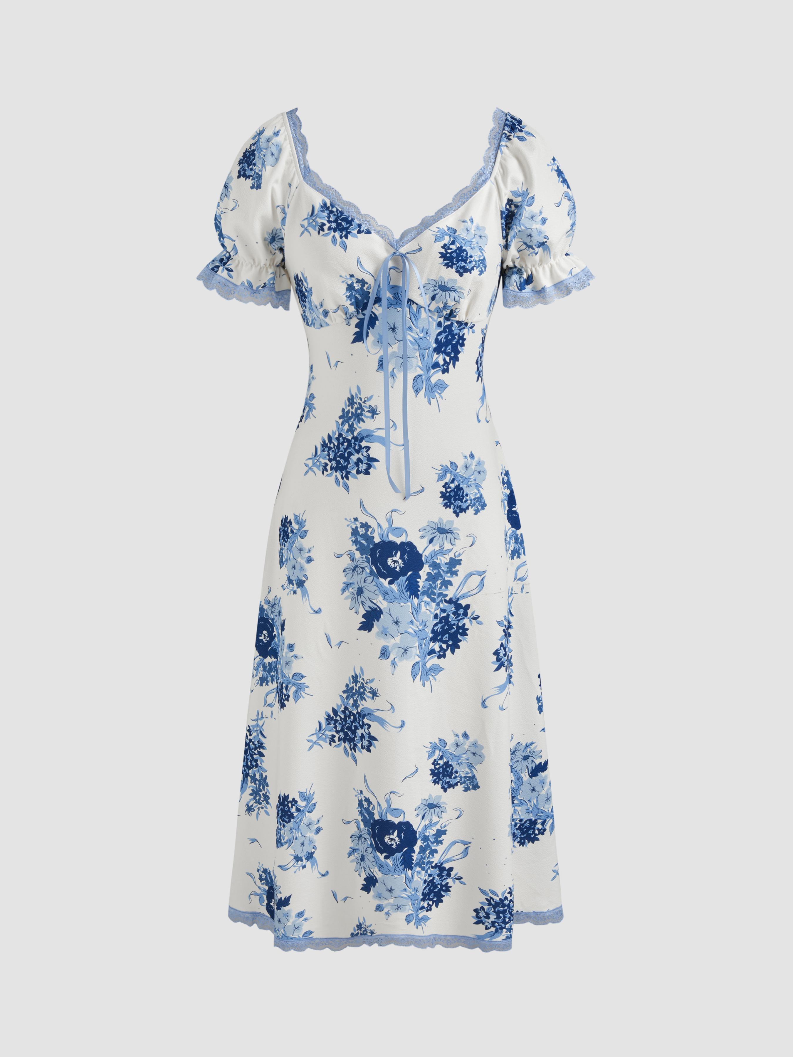 Square Neck Strawberry Graphic Contrasting Lace Trim Midi Dress by CIDER