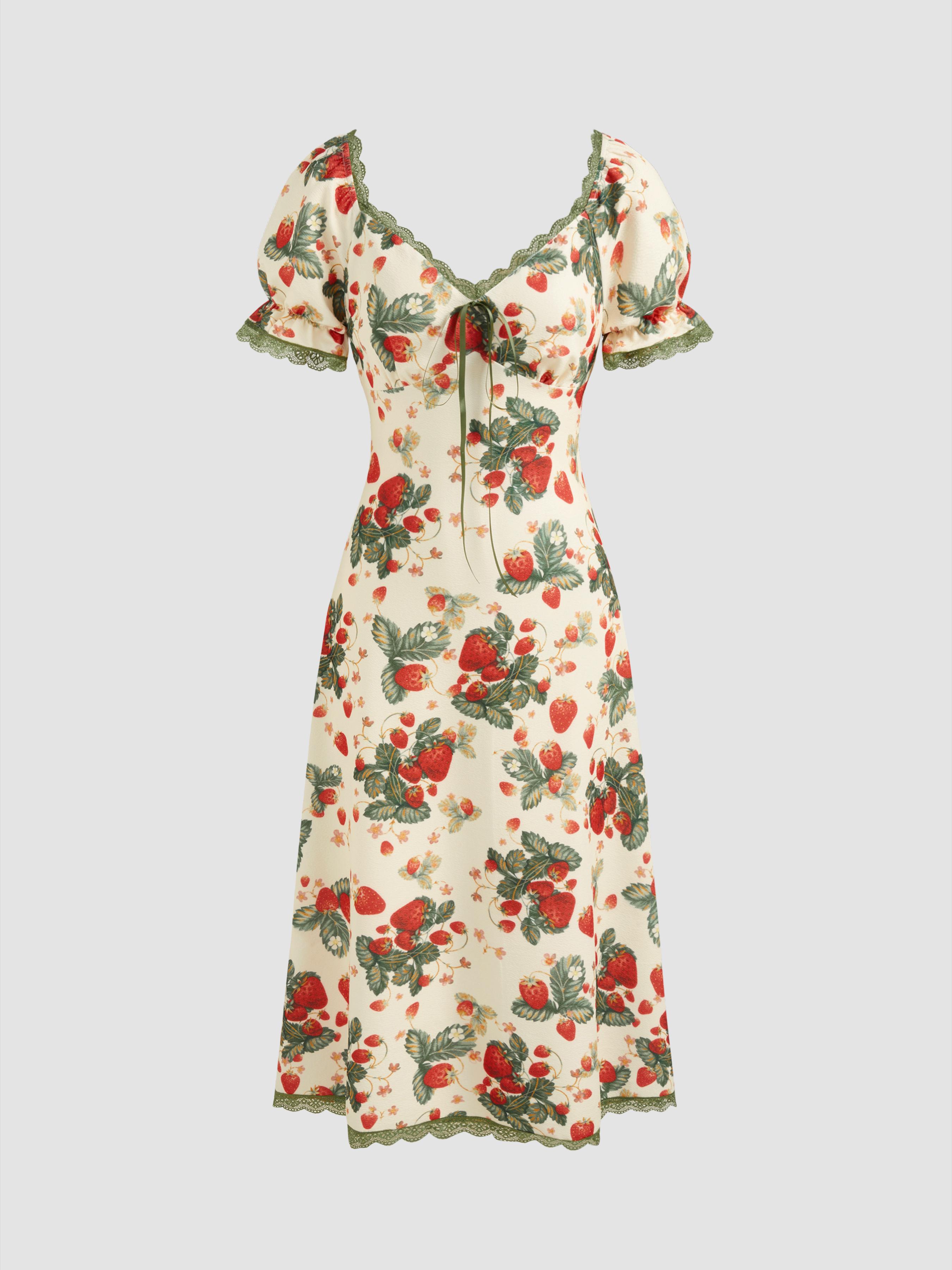 Square Neck Strawberry Graphic Contrasting Lace Trim Midi Dress by CIDER