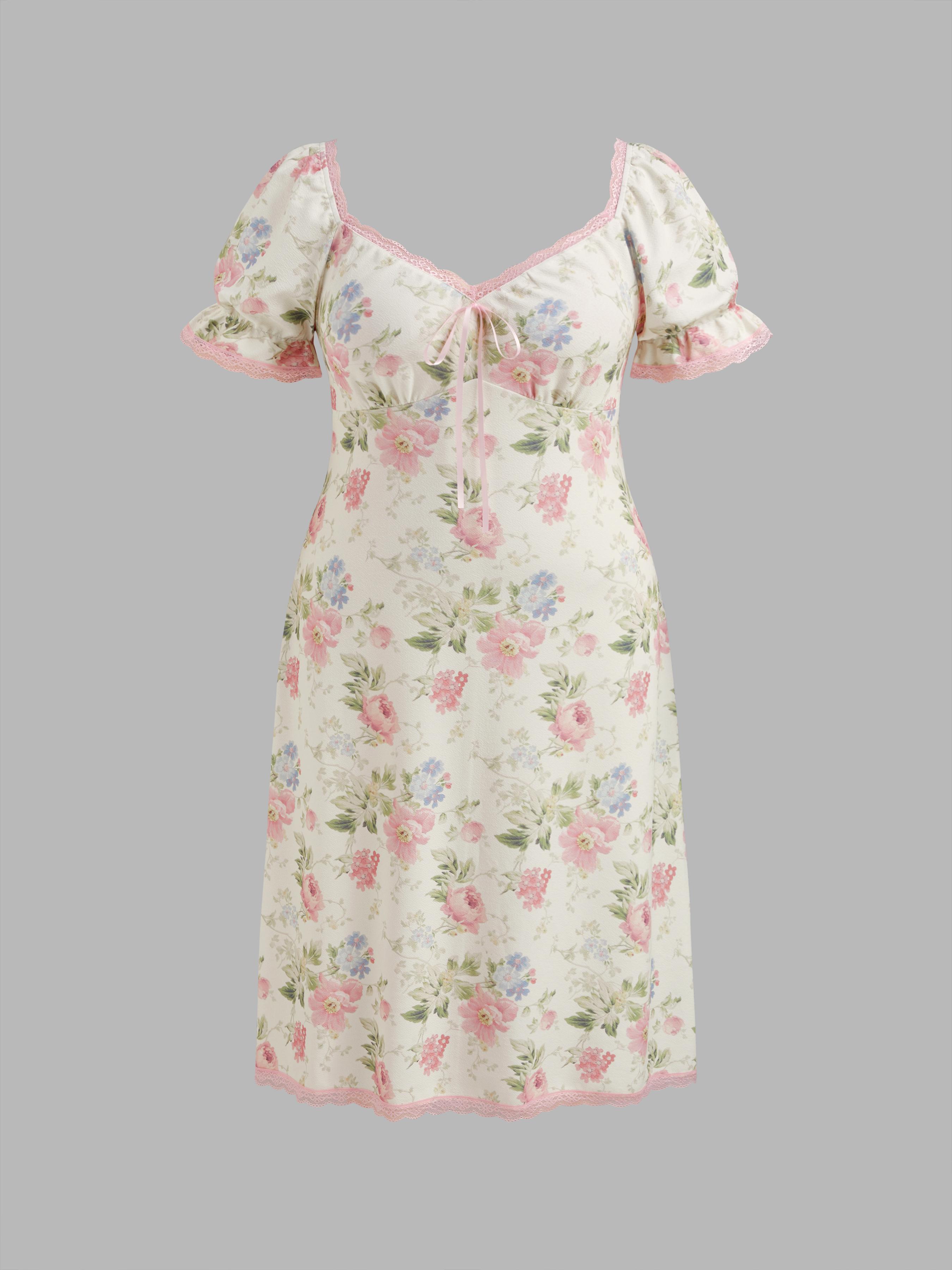 Square Neck Strawberry Graphic Contrasting Lace Trim Midi Dress Curve & Plus by CIDER
