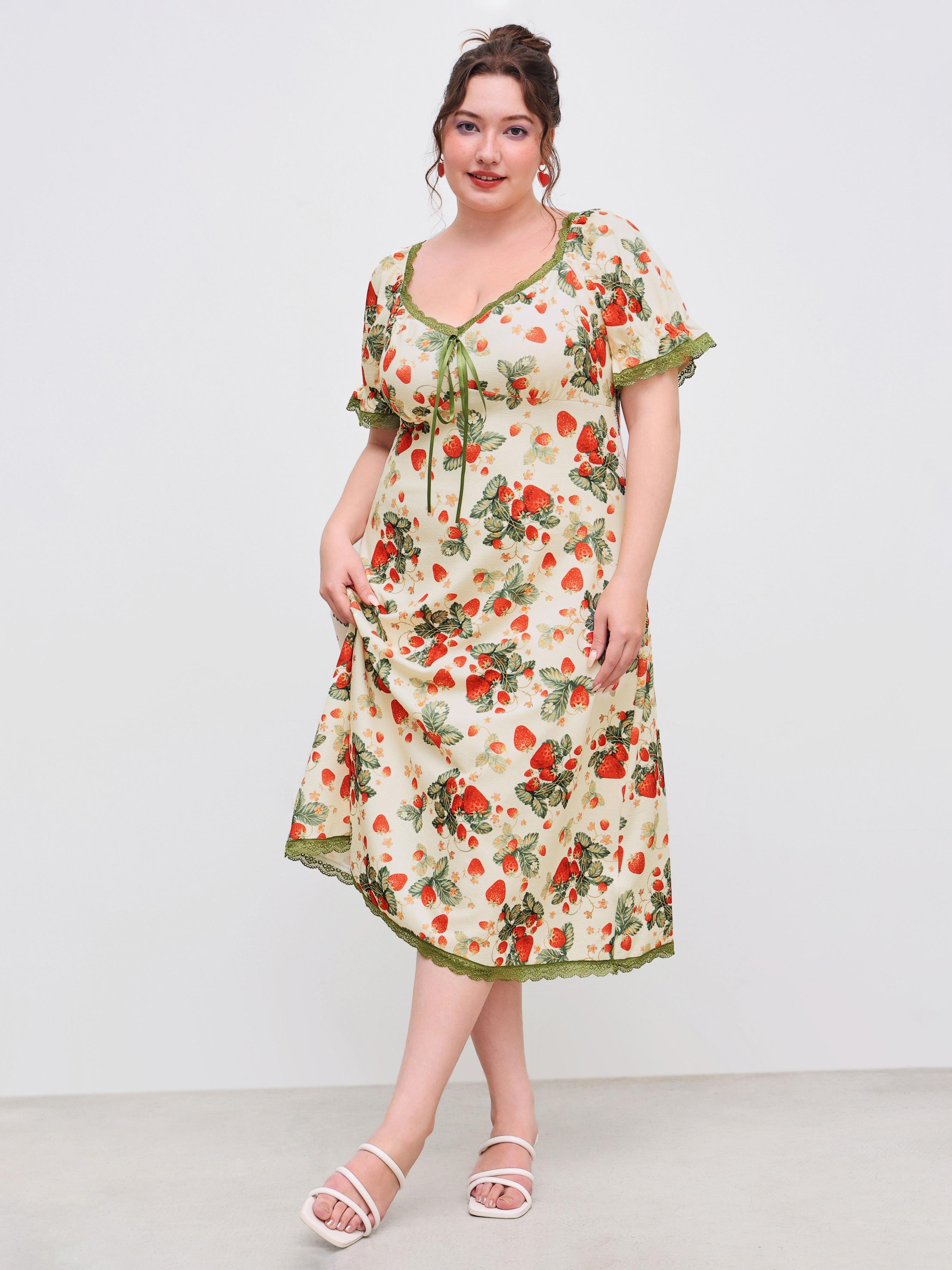 Square Neck Strawberry Graphic Contrasting Lace Trim Midi Dress Curve & Plus by CIDER