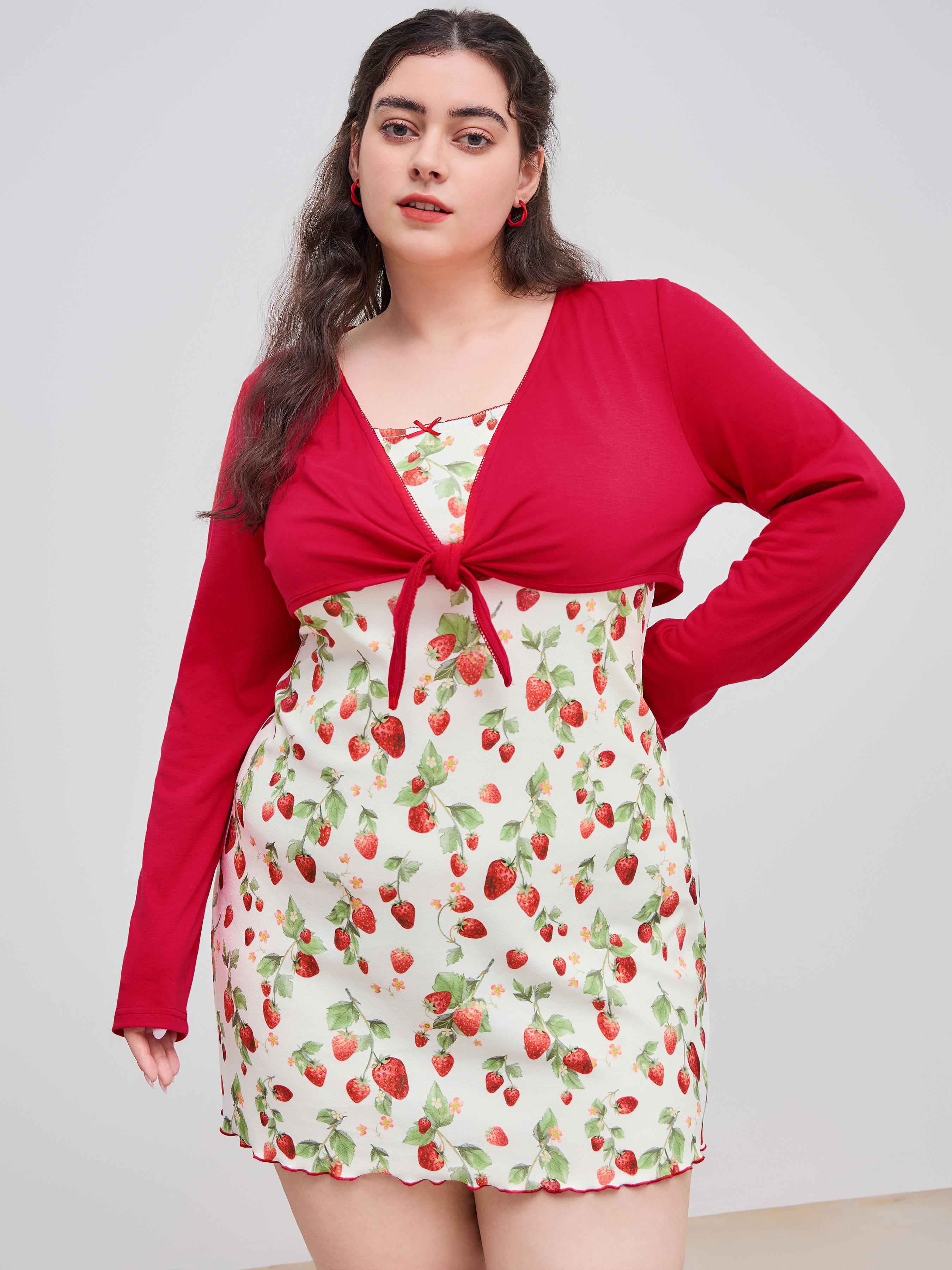 Square Neck Strawberry Graphic Lettuce Trim Mini Dress & Long Sleeve Knotted Bolero Top Curve & Plus by CIDER Square Neck Strawberry Graphic Lettuce Trim Mini Dress & Long Sleeve Knotted Bolero Top Curve & Plus by CIDER