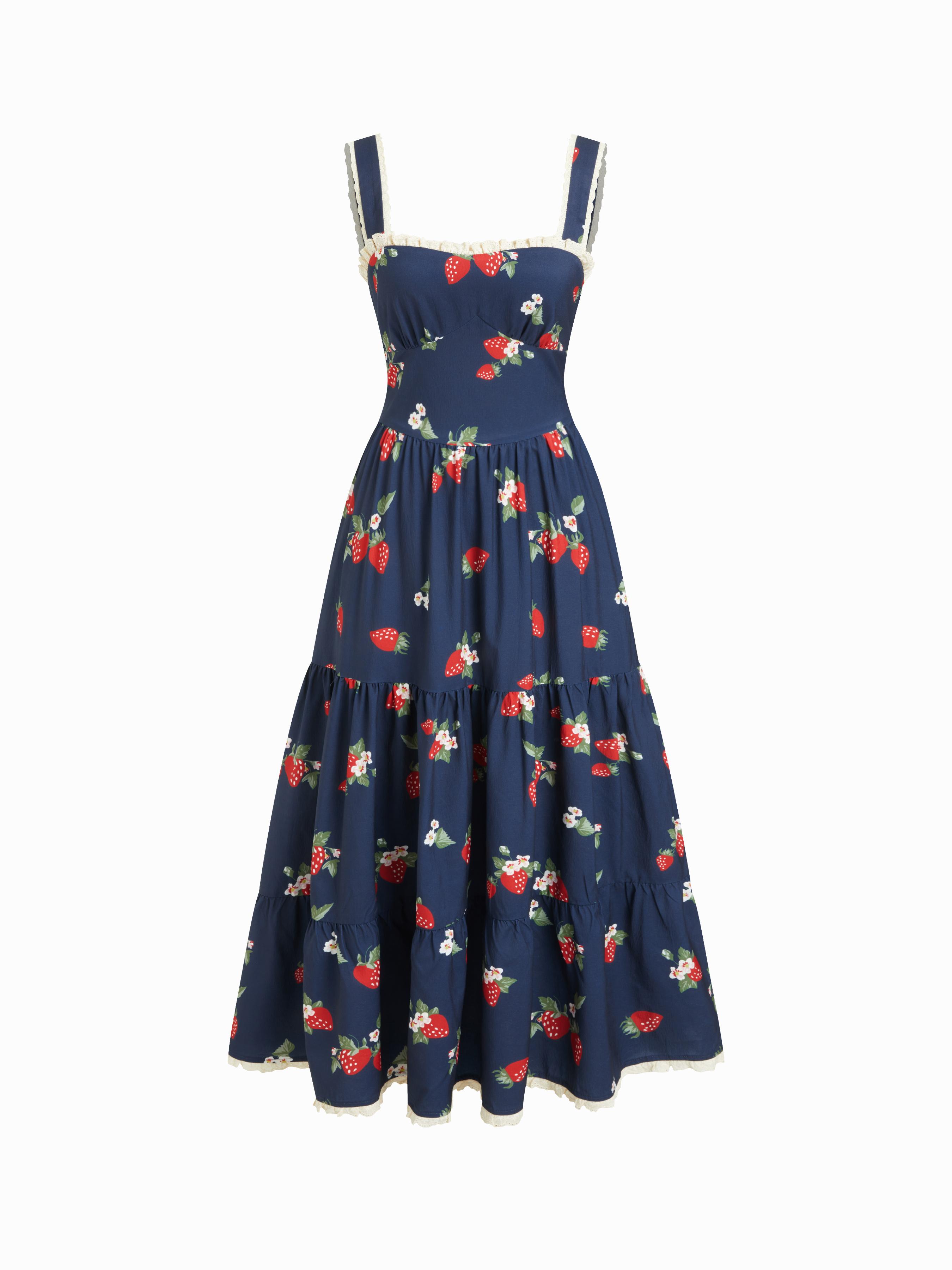 Square Neck Strawberry Ruffle Hem Maxi Dress by CIDER