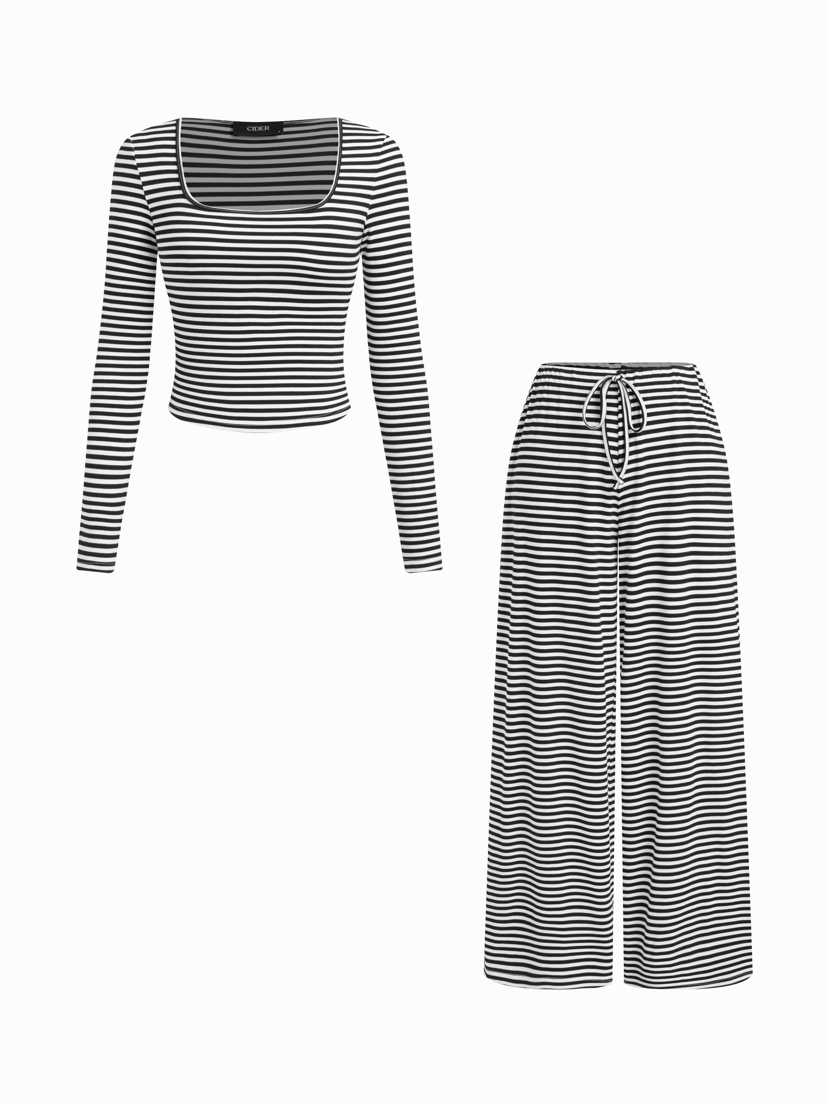 Square Neck Striped Long Sleeve Top & Mid Rise Drawstring Wide Leg Trousers Set by CIDER