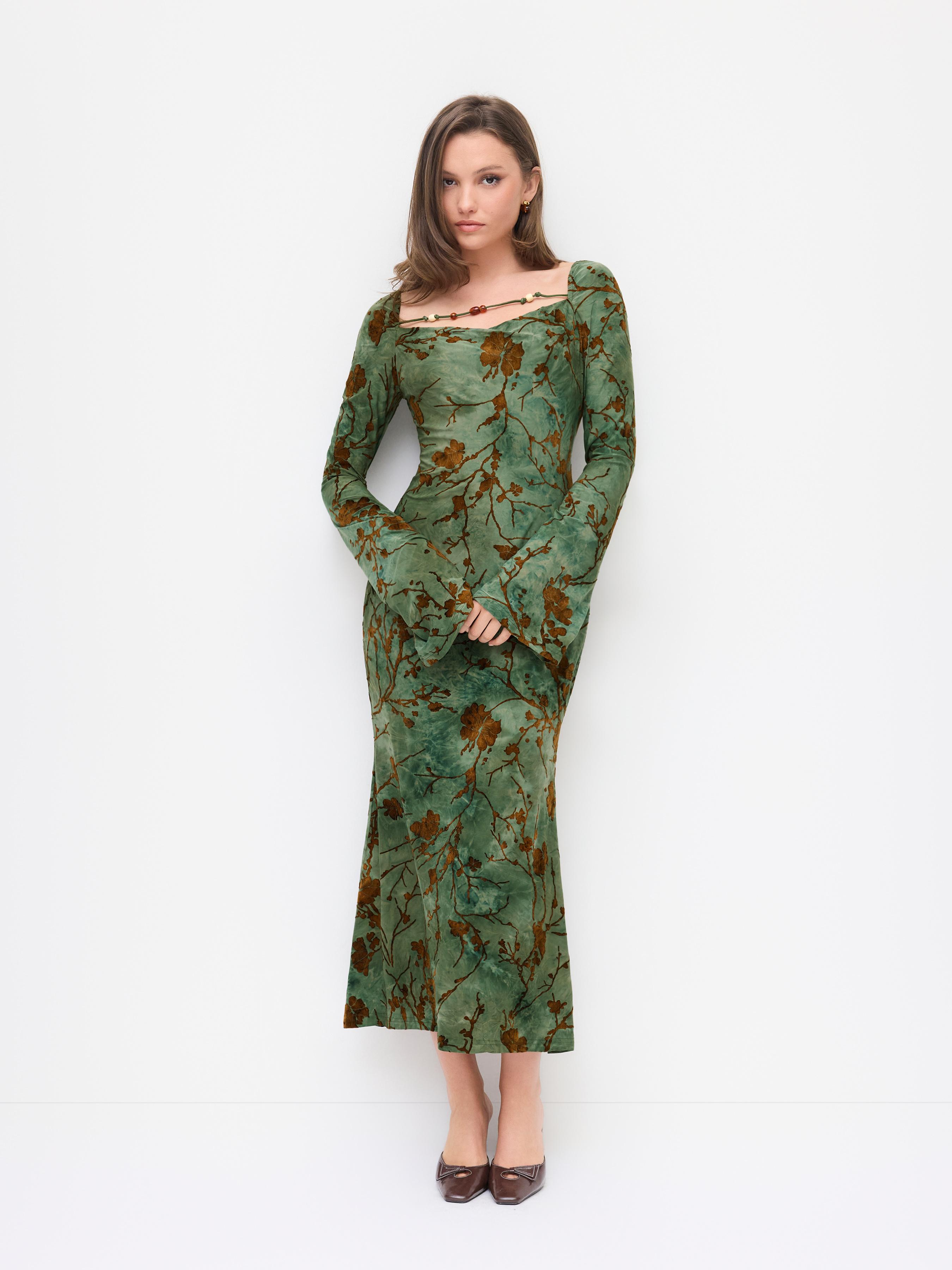 Square Neck Tree Graphic Beaded Bell Sleeve Mermaid Maxi Dress by CIDER
