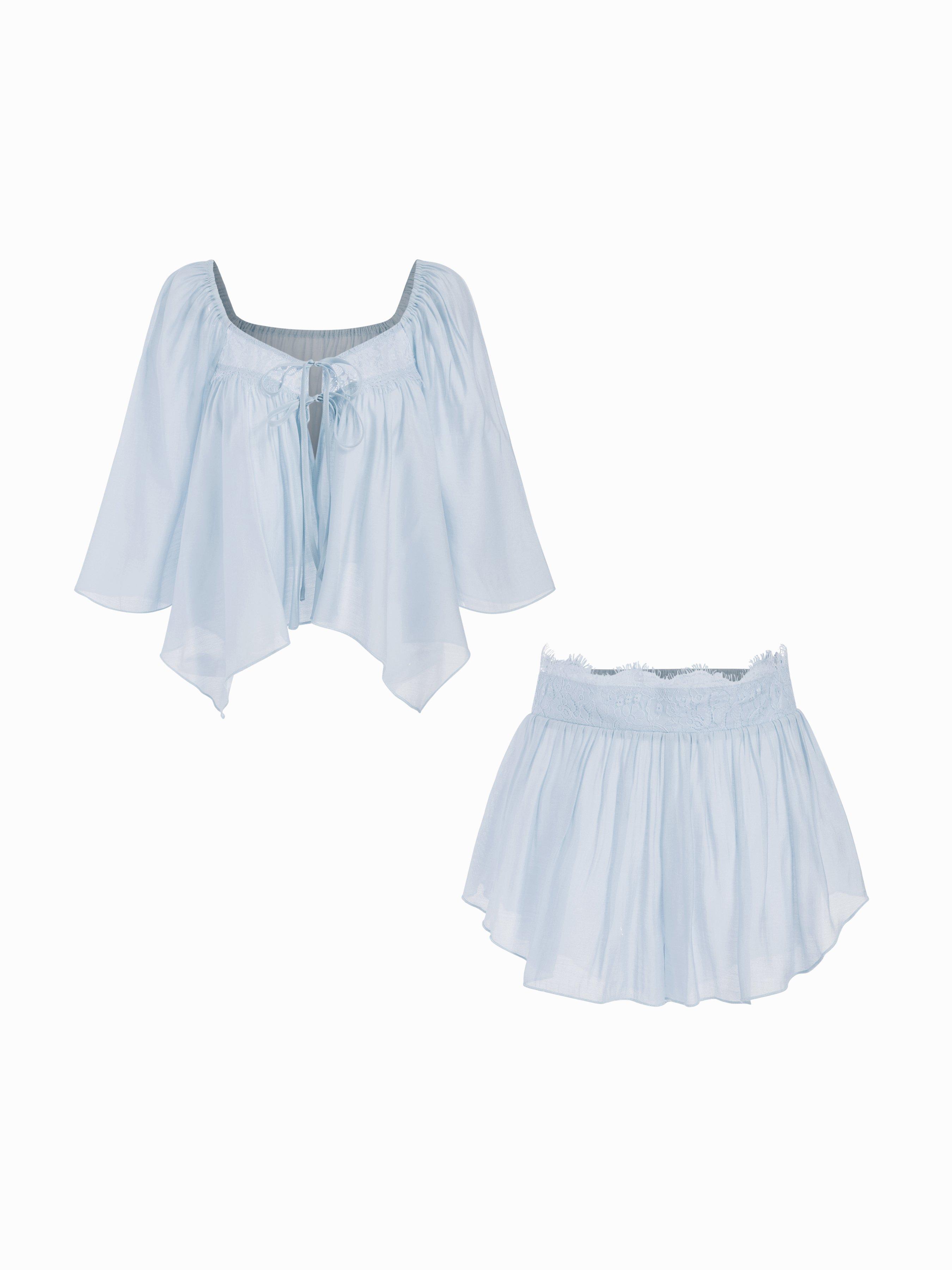 Square Neckline Lace Trim Drawstring Top & Shorts Loungewear Set by CIDER