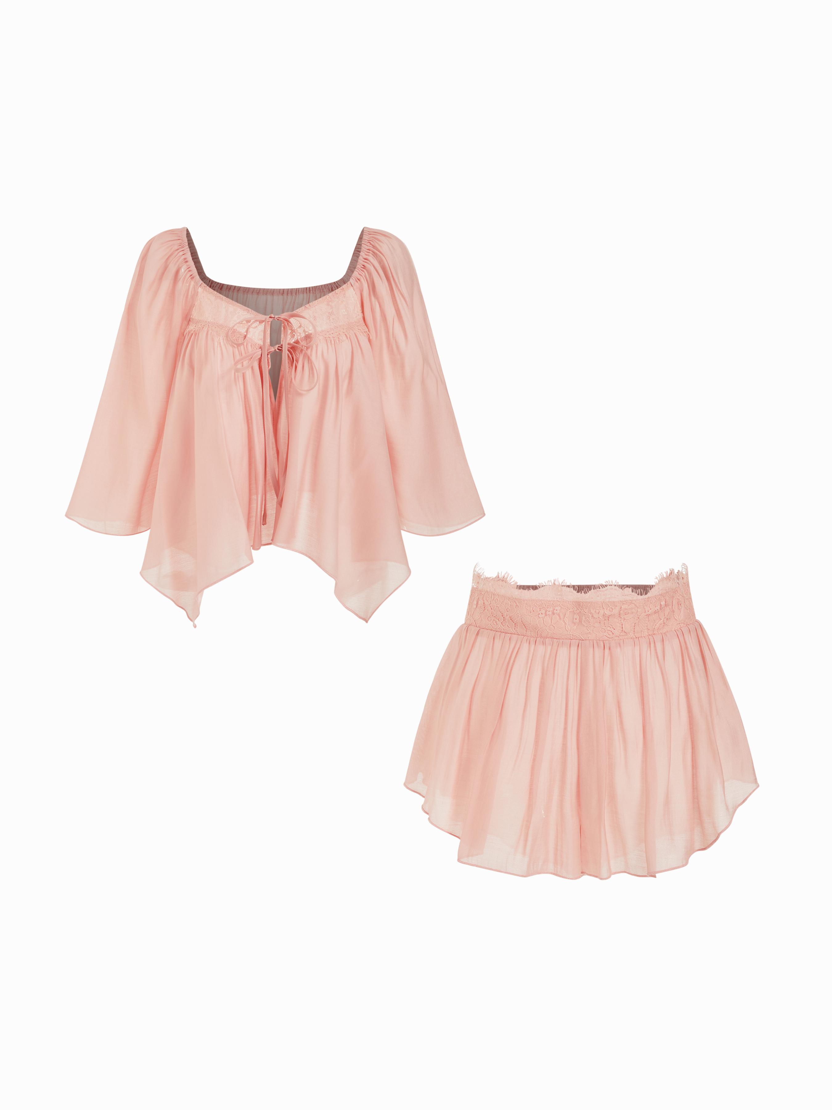 Square Neckline Lace Trim Drawstring Top & Shorts Loungewear Set by CIDER
