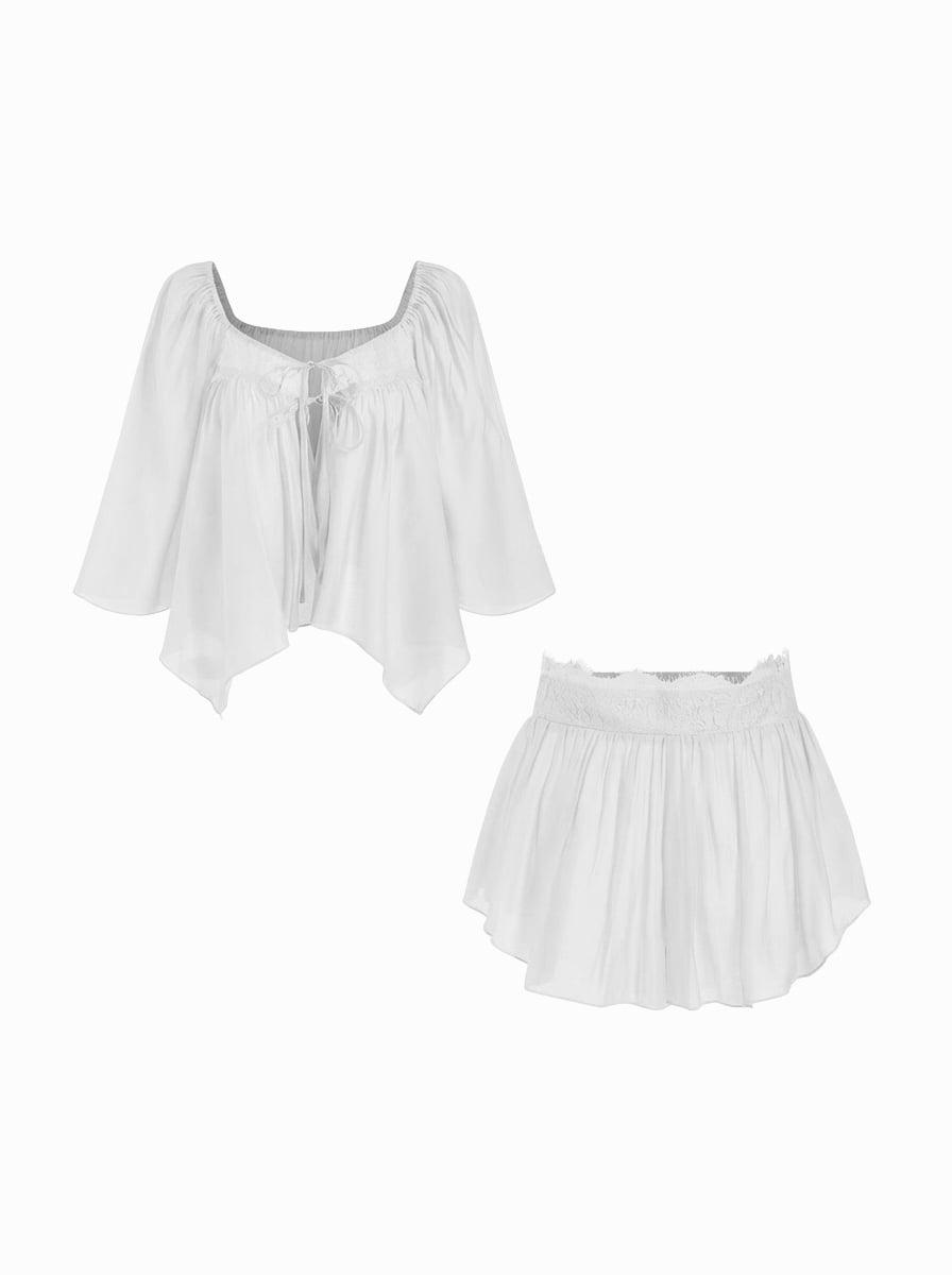 Square Neckline Lace Trim Drawstring Top & Shorts Loungewear Set by CIDER