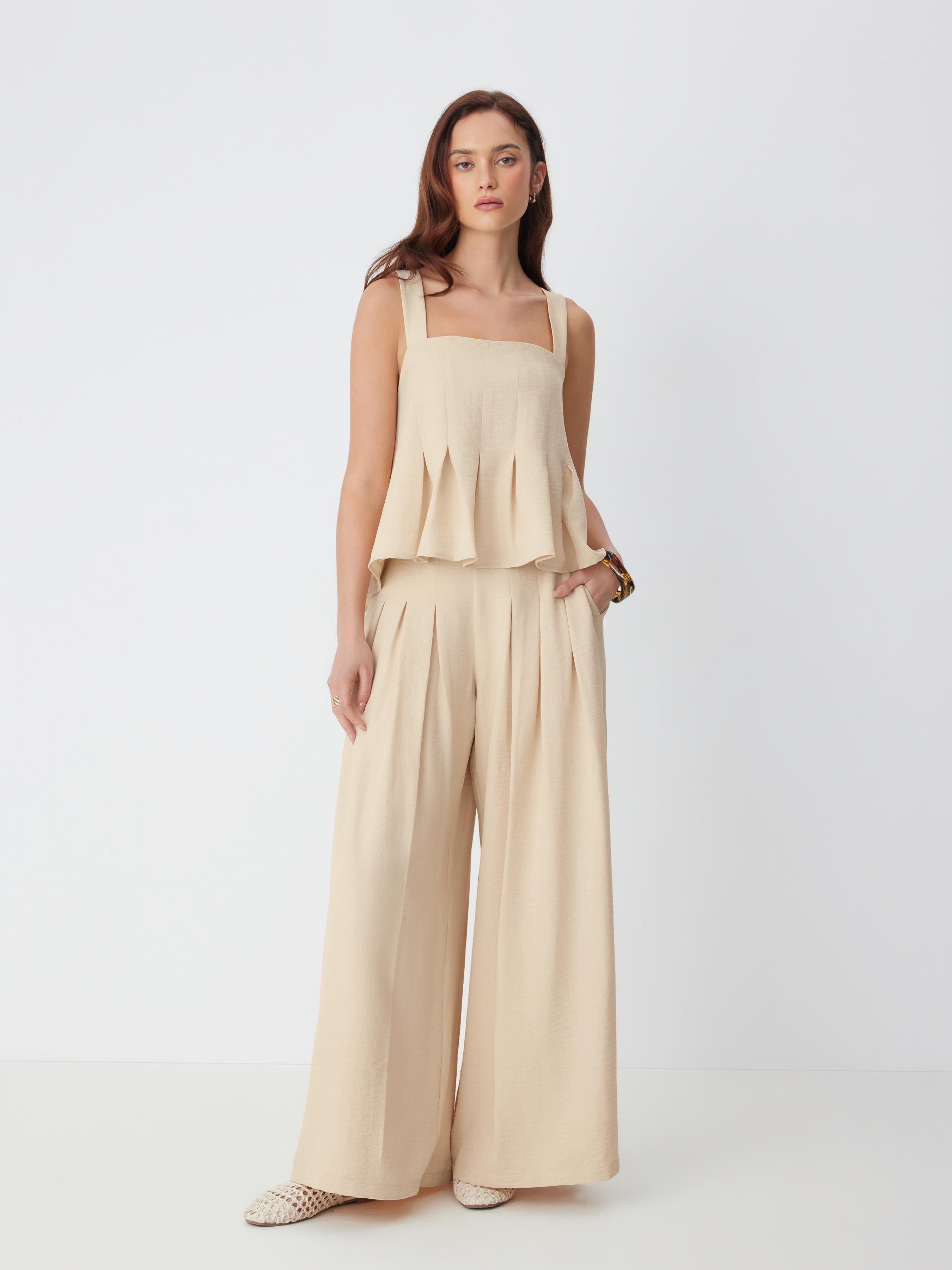 Square Neckline Pleated Cami Top & Mid Rise Wide Leg Pants Set by CIDER