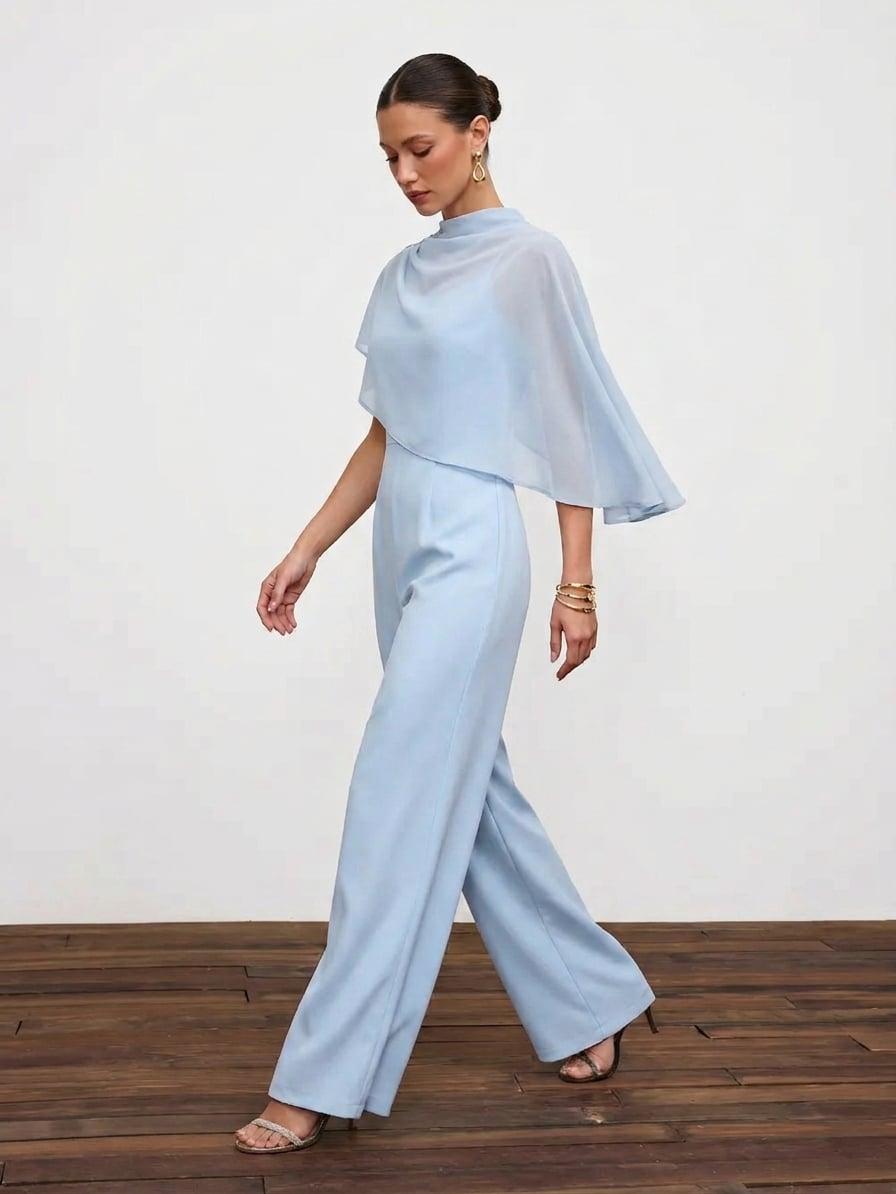 Stand Collar Asymmetrical Cloak Sleeve Mid Rise Wide Leg Jumpsuit by CIDER
