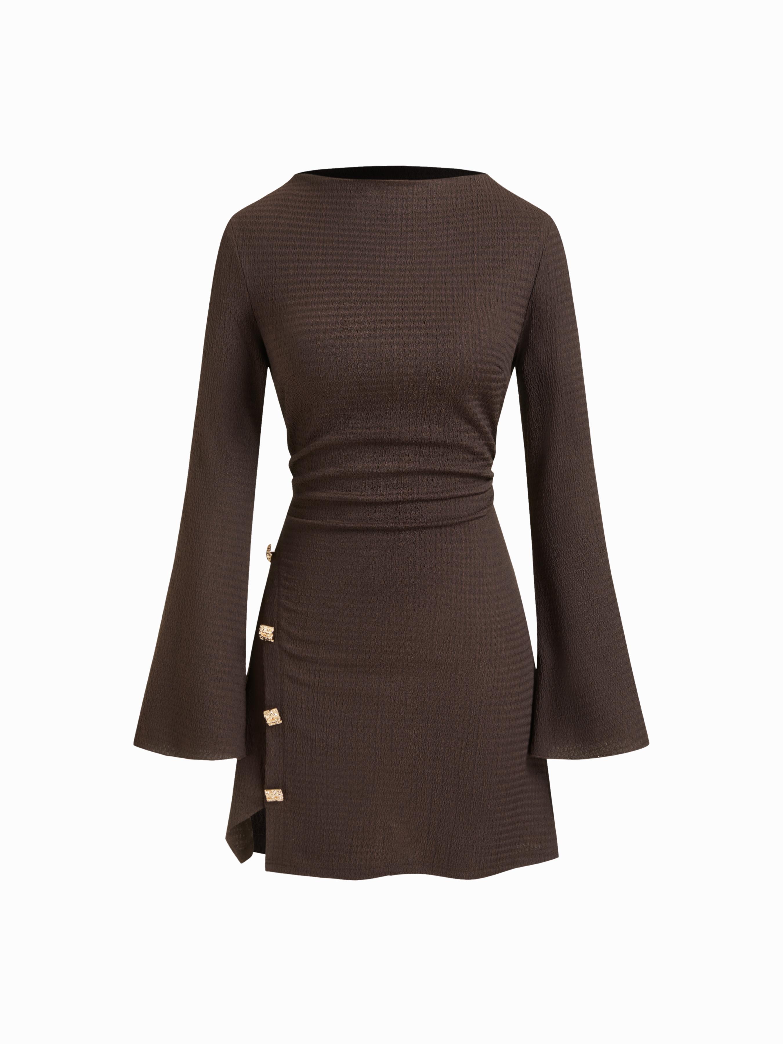 Stand Collar Bell Sleeve Metal Button Split Ruched Mini Dress by CIDER