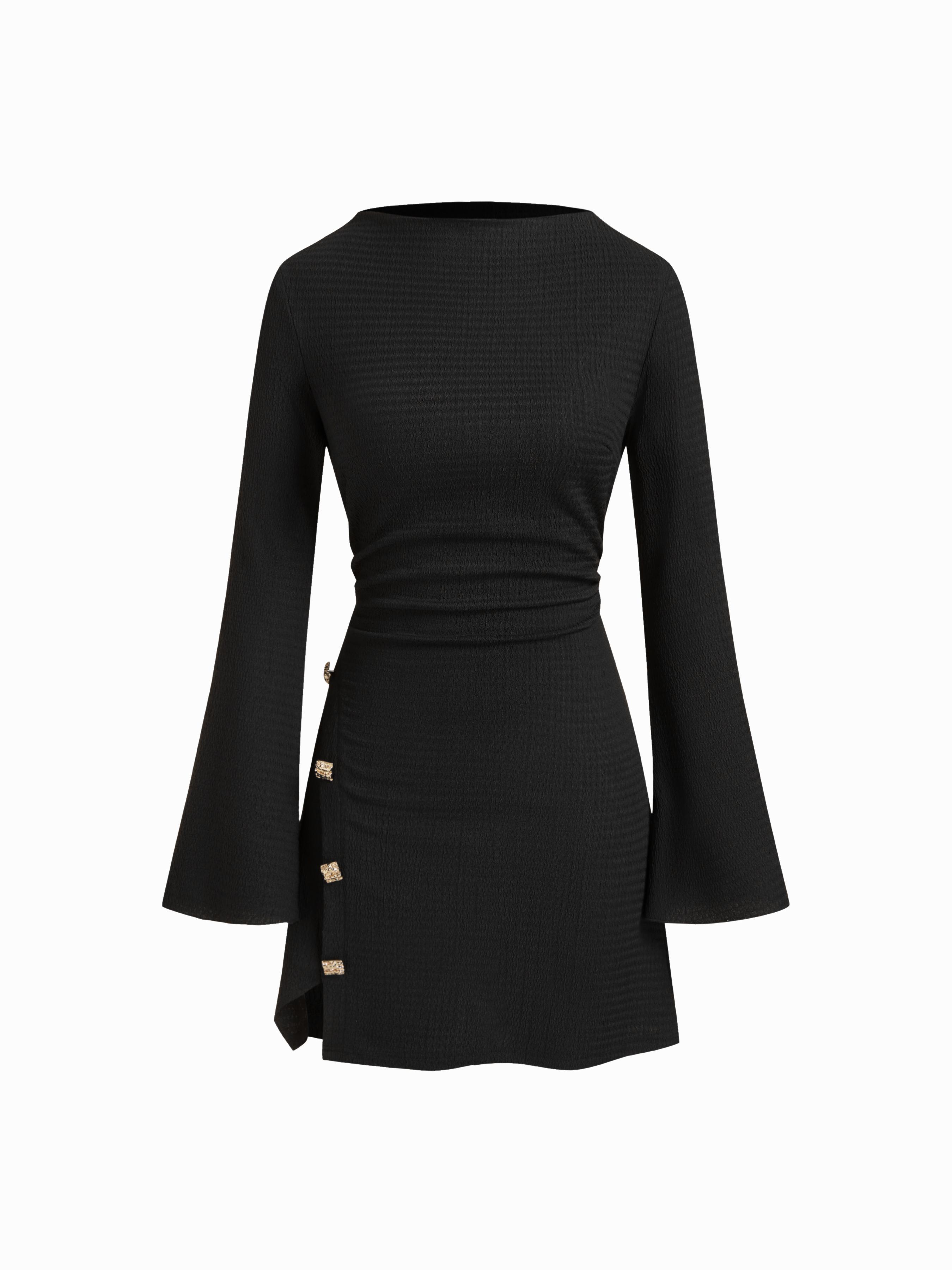 Stand Collar Bell Sleeve Metal Button Split Ruched Mini Dress by CIDER
