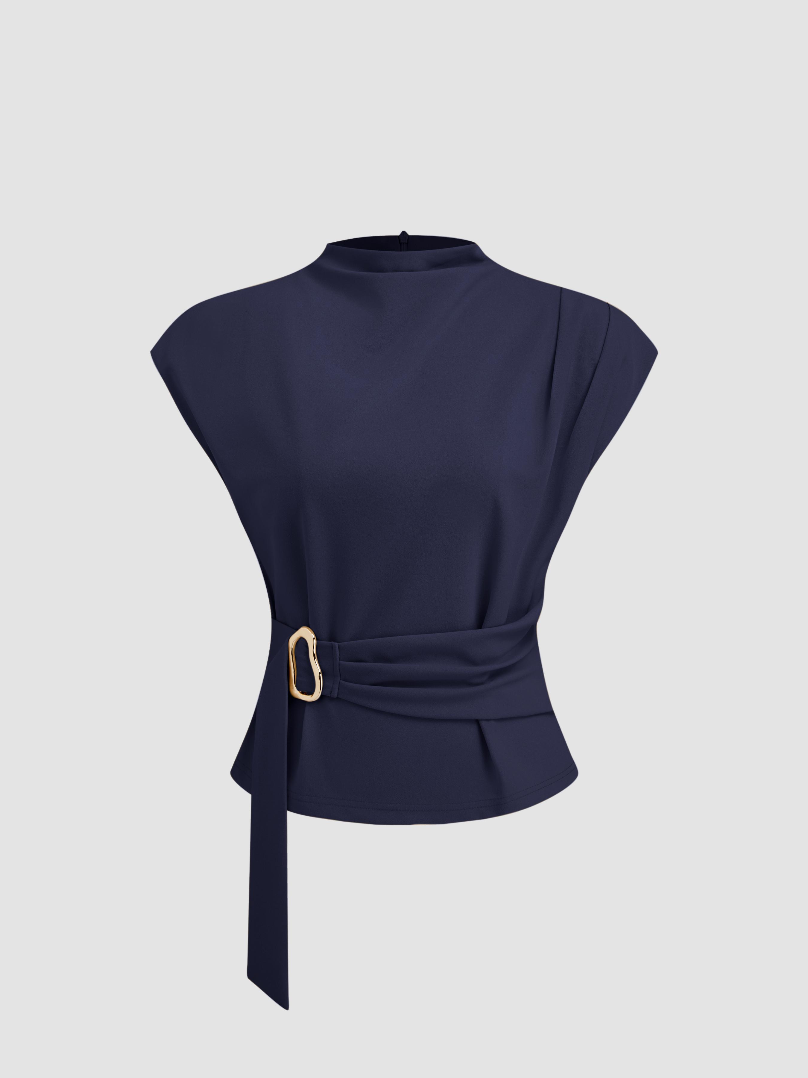 Stand Collar Belted Short Sleeve Top by CIDER