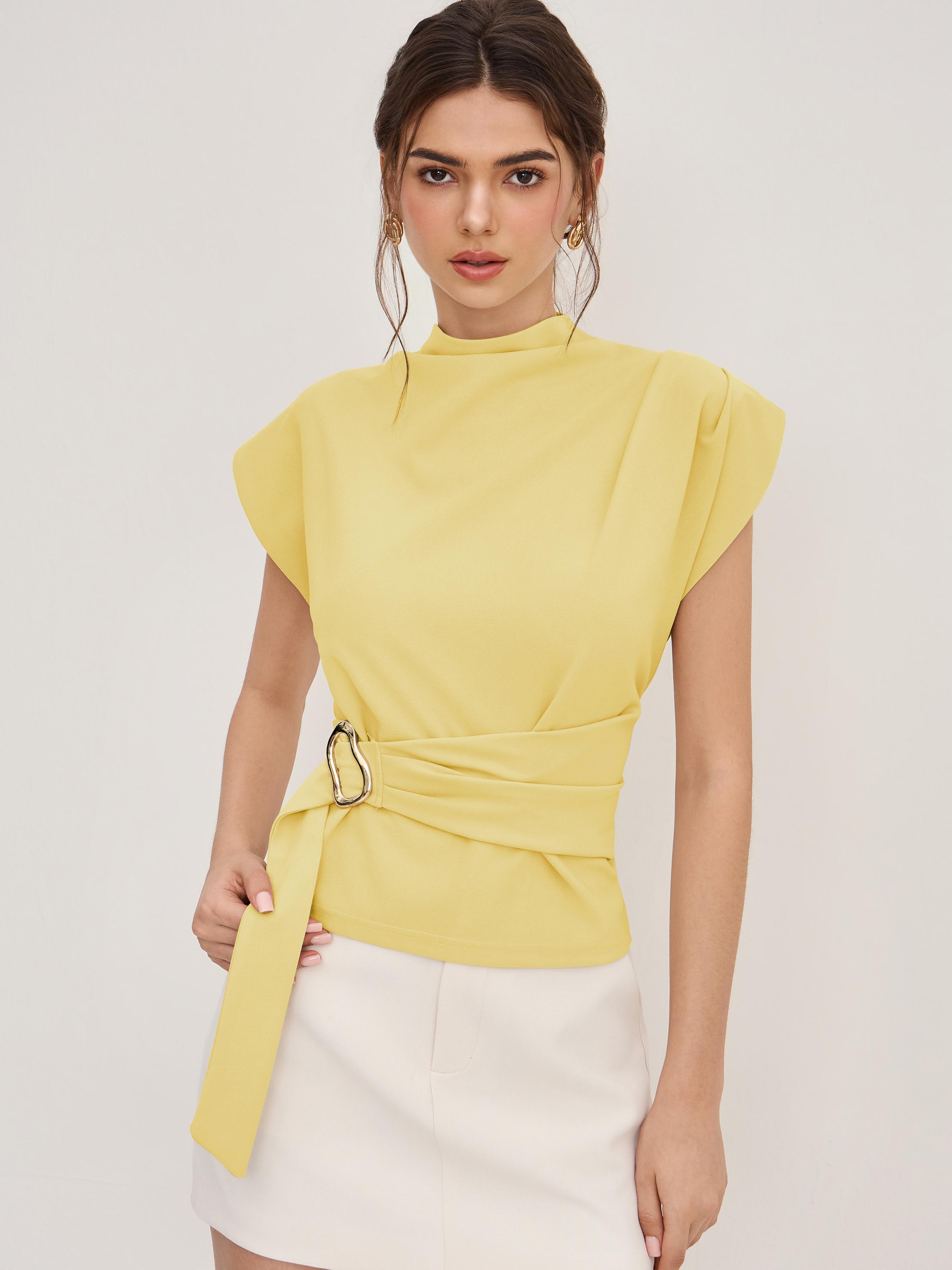 Stand Collar Belted Short Sleeve Top by CIDER
