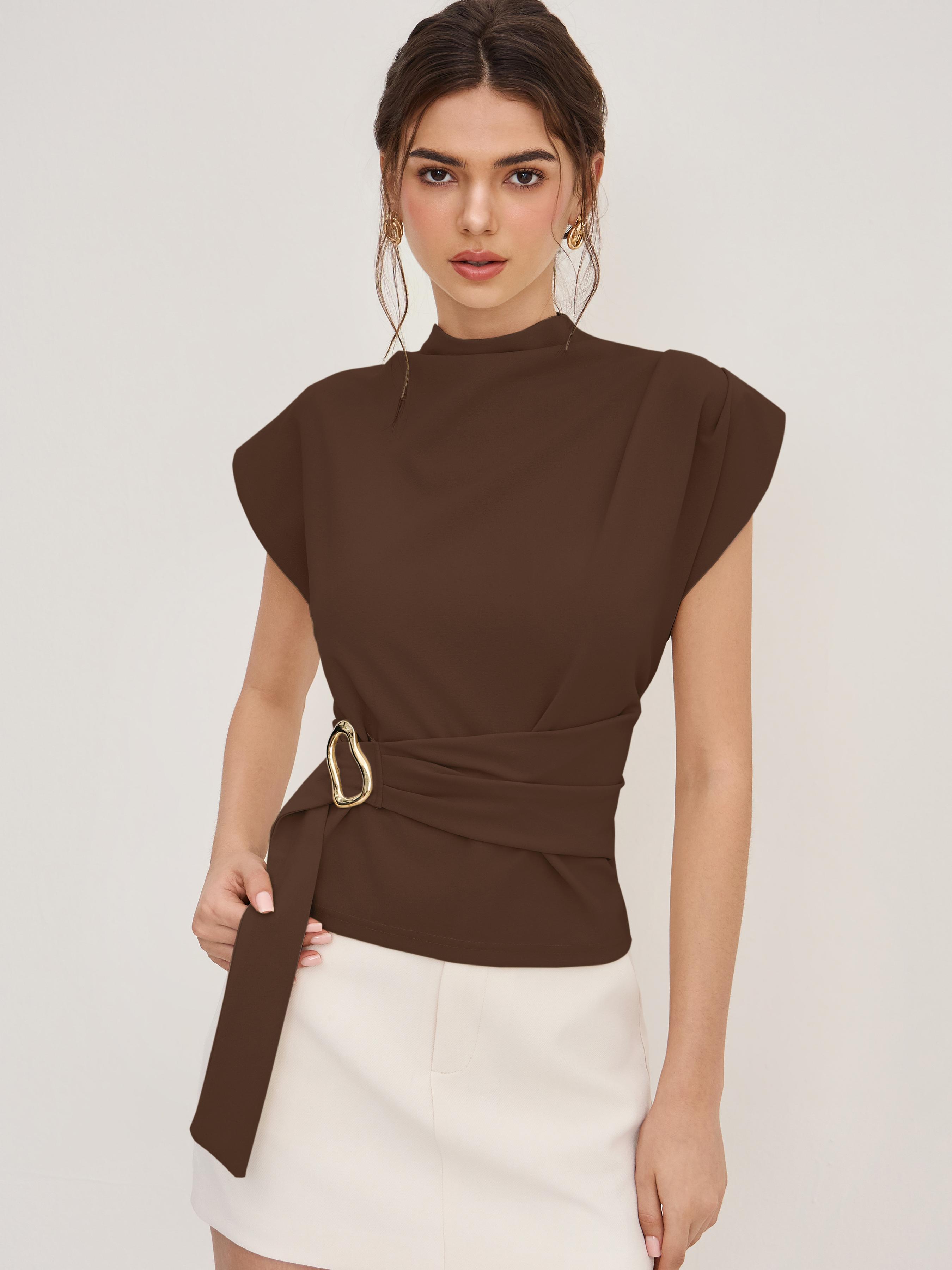 Stand Collar Belted Short Sleeve Top by CIDER