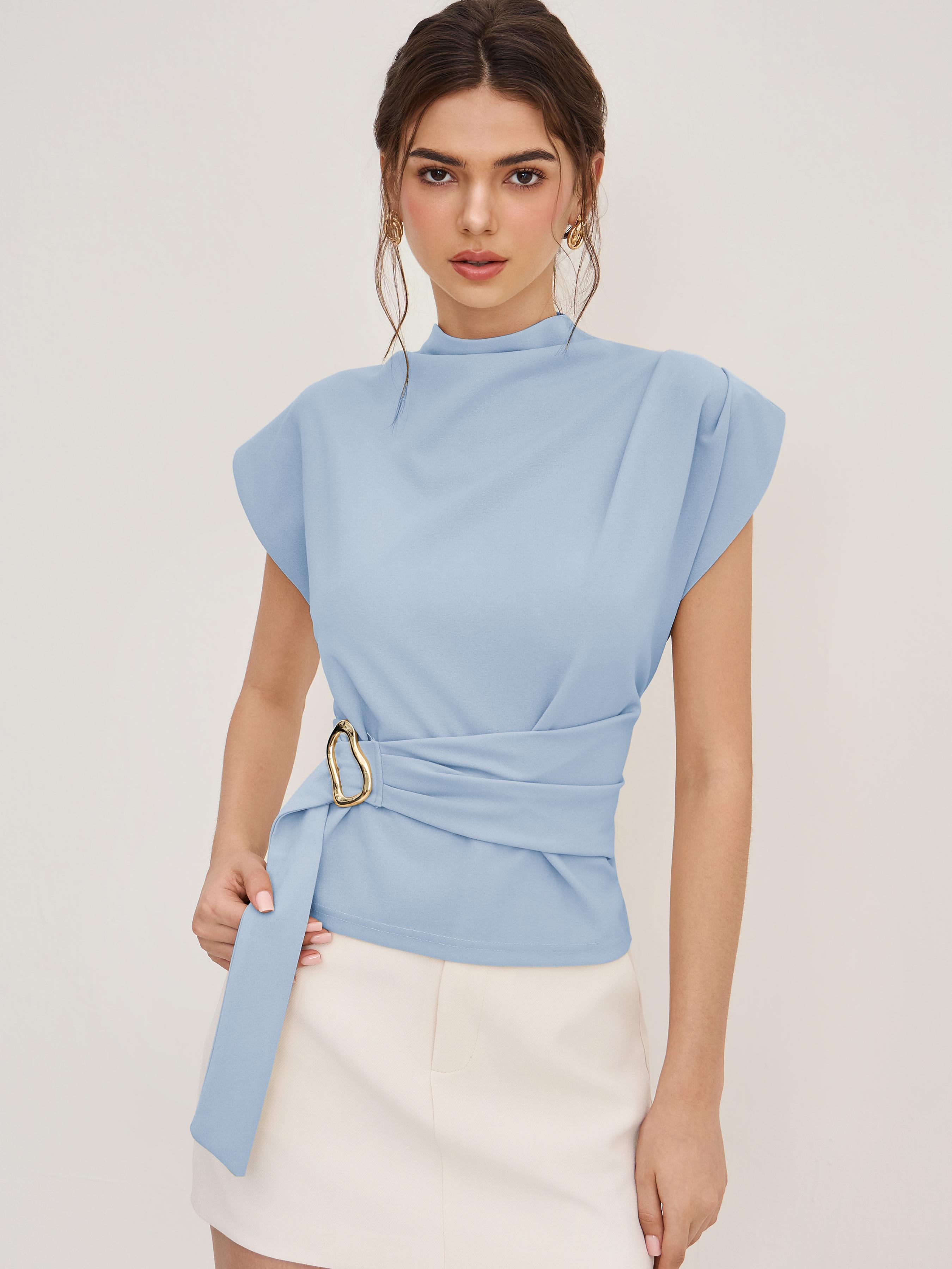 Stand Collar Belted Short Sleeve Top by CIDER