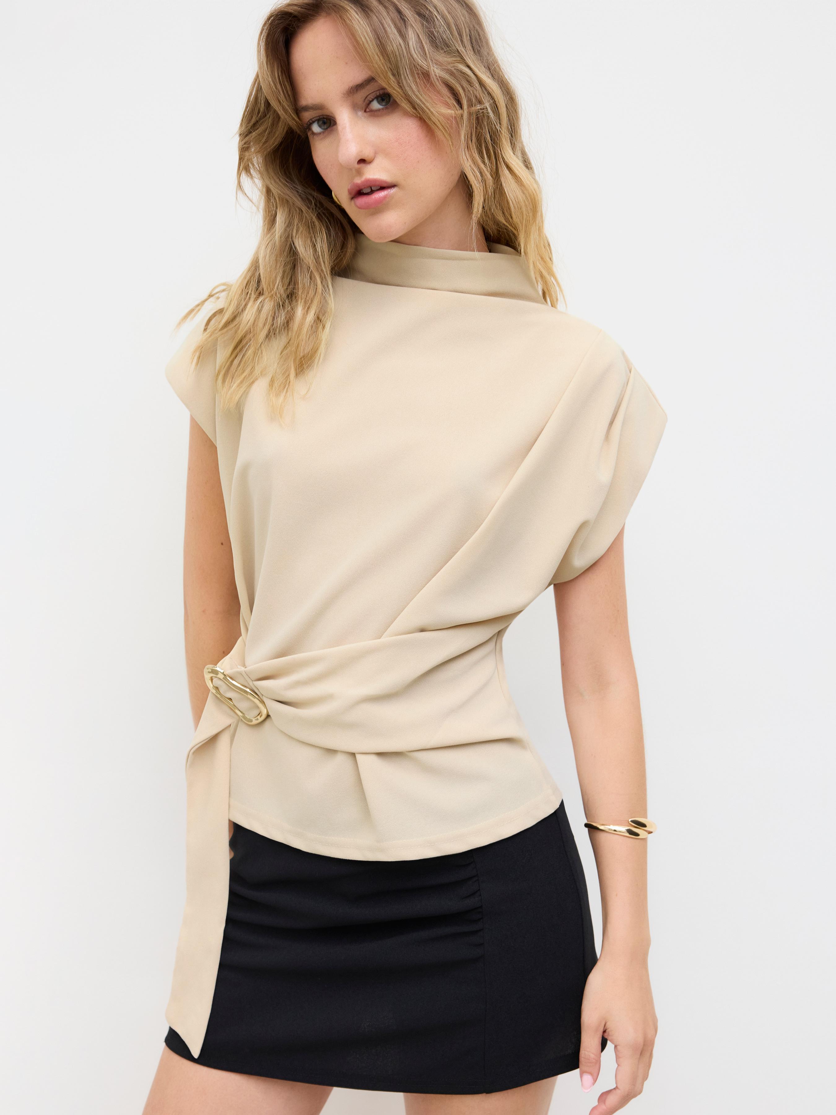 Stand Collar Belted Short Sleeve Top by CIDER
