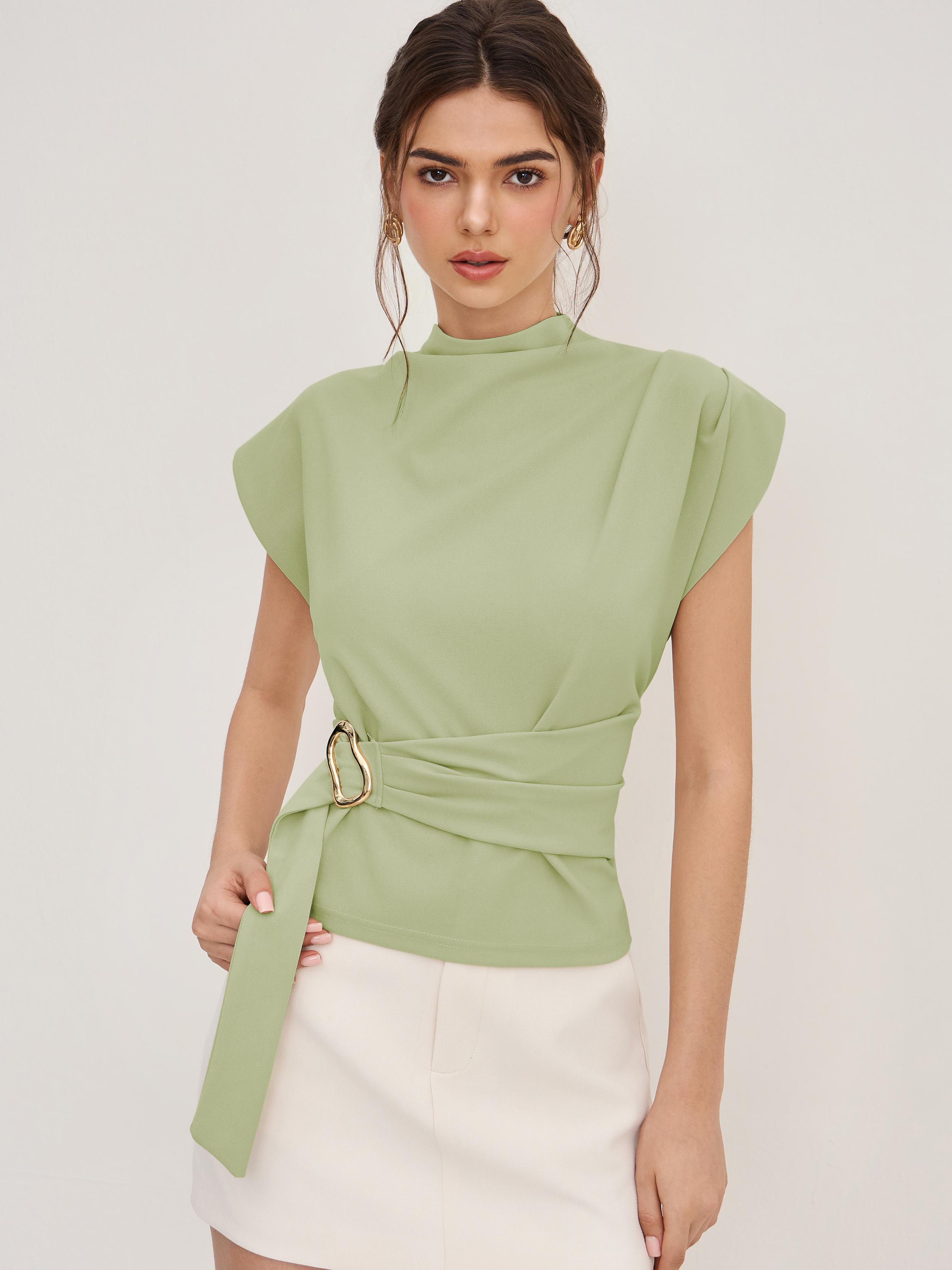 Stand Collar Belted Short Sleeve Top by CIDER