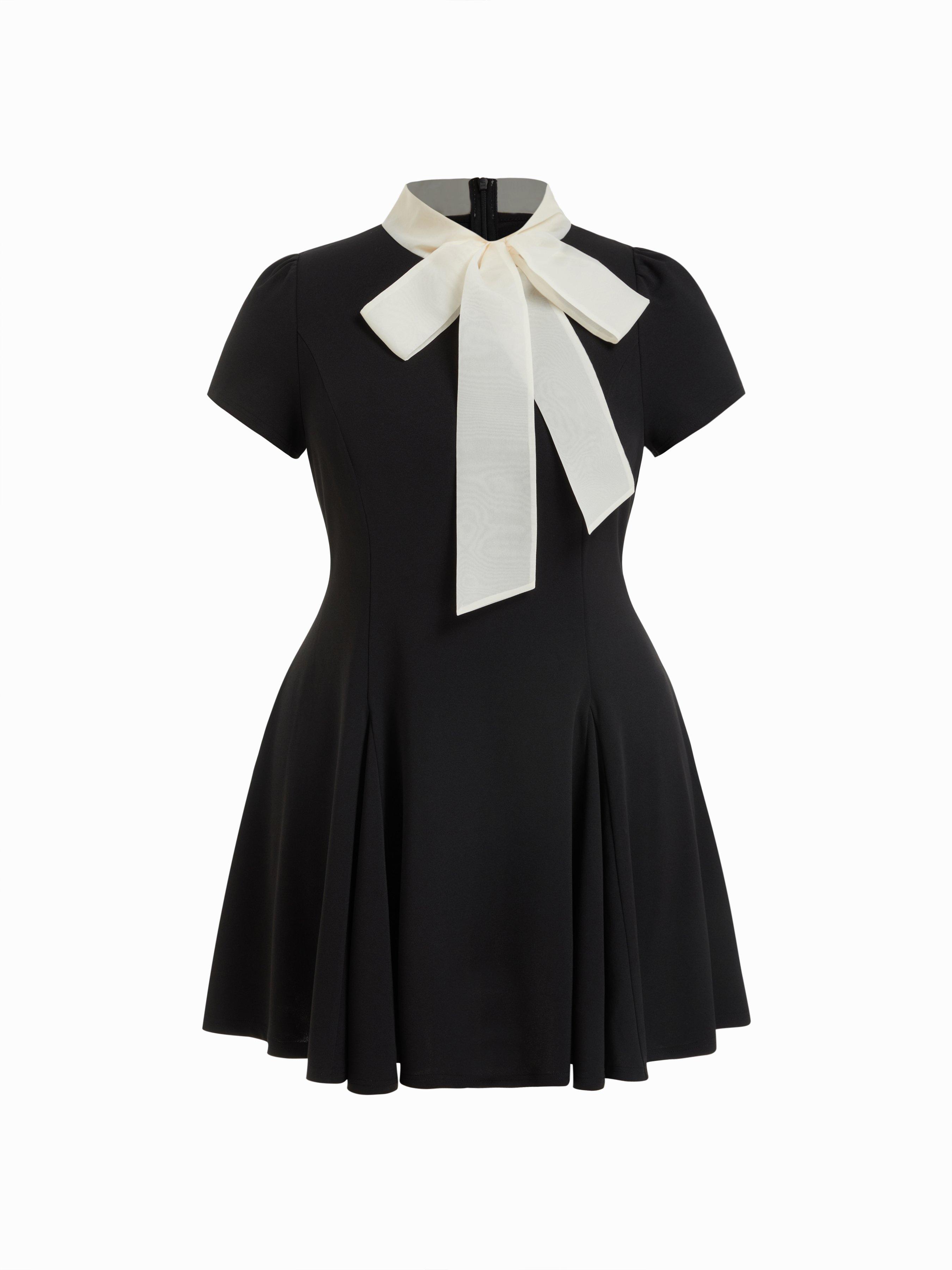 Stand Collar Bowknot Aline Mini Dress Curve & Plus by CIDER
