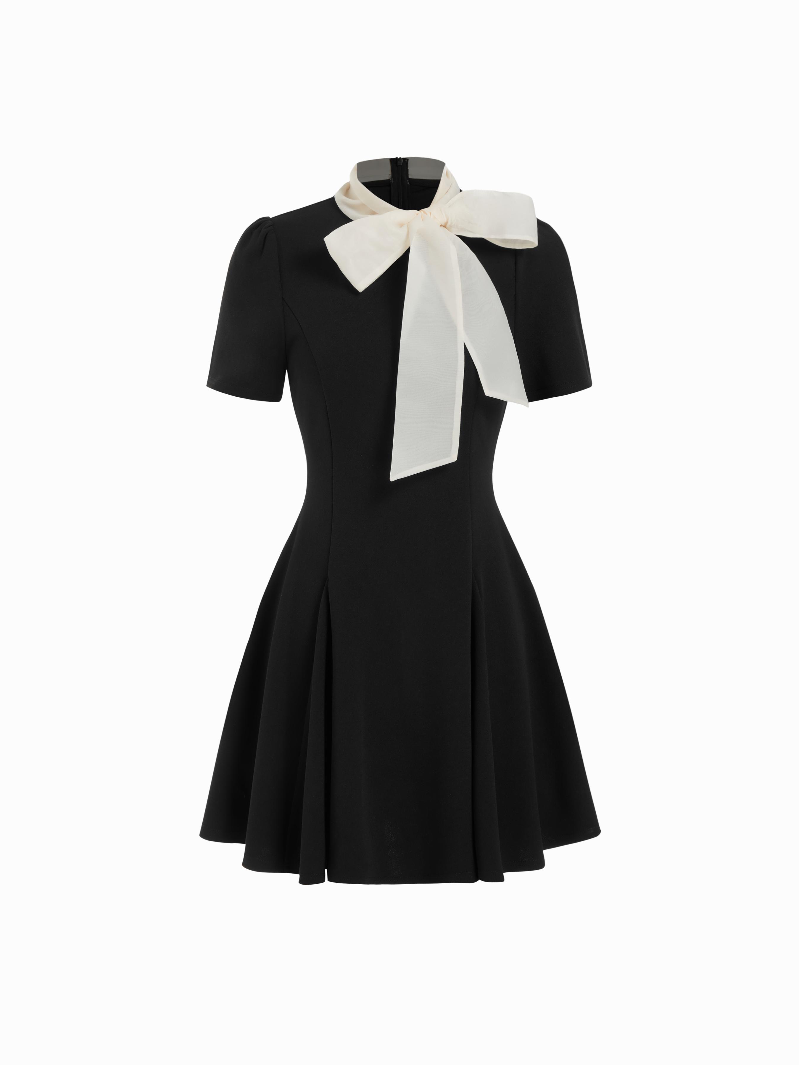 Stand Collar Bowknot Flared Mini Dress by CIDER