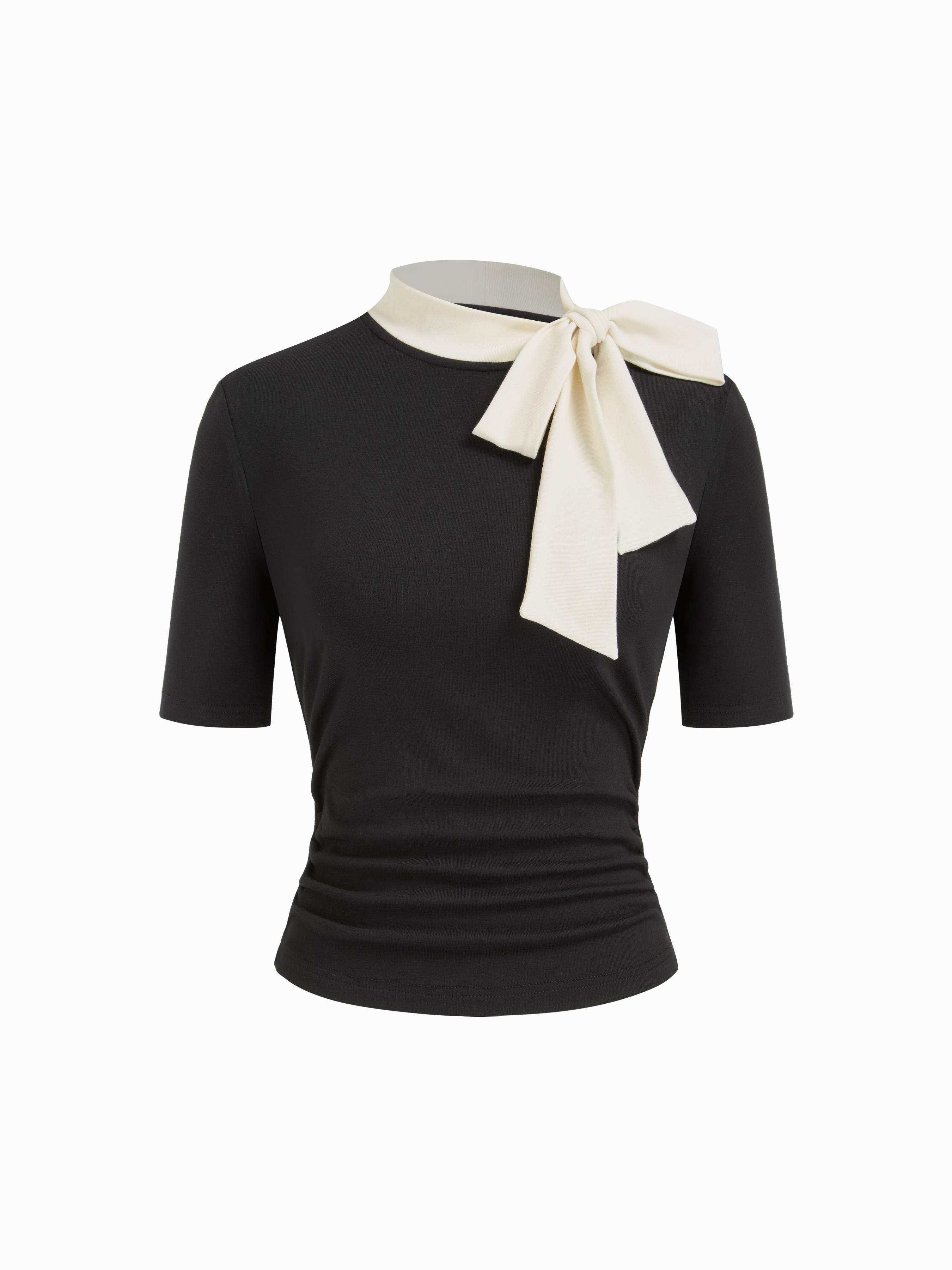 Stand Collar Bowknot Ruched Tee by CIDER