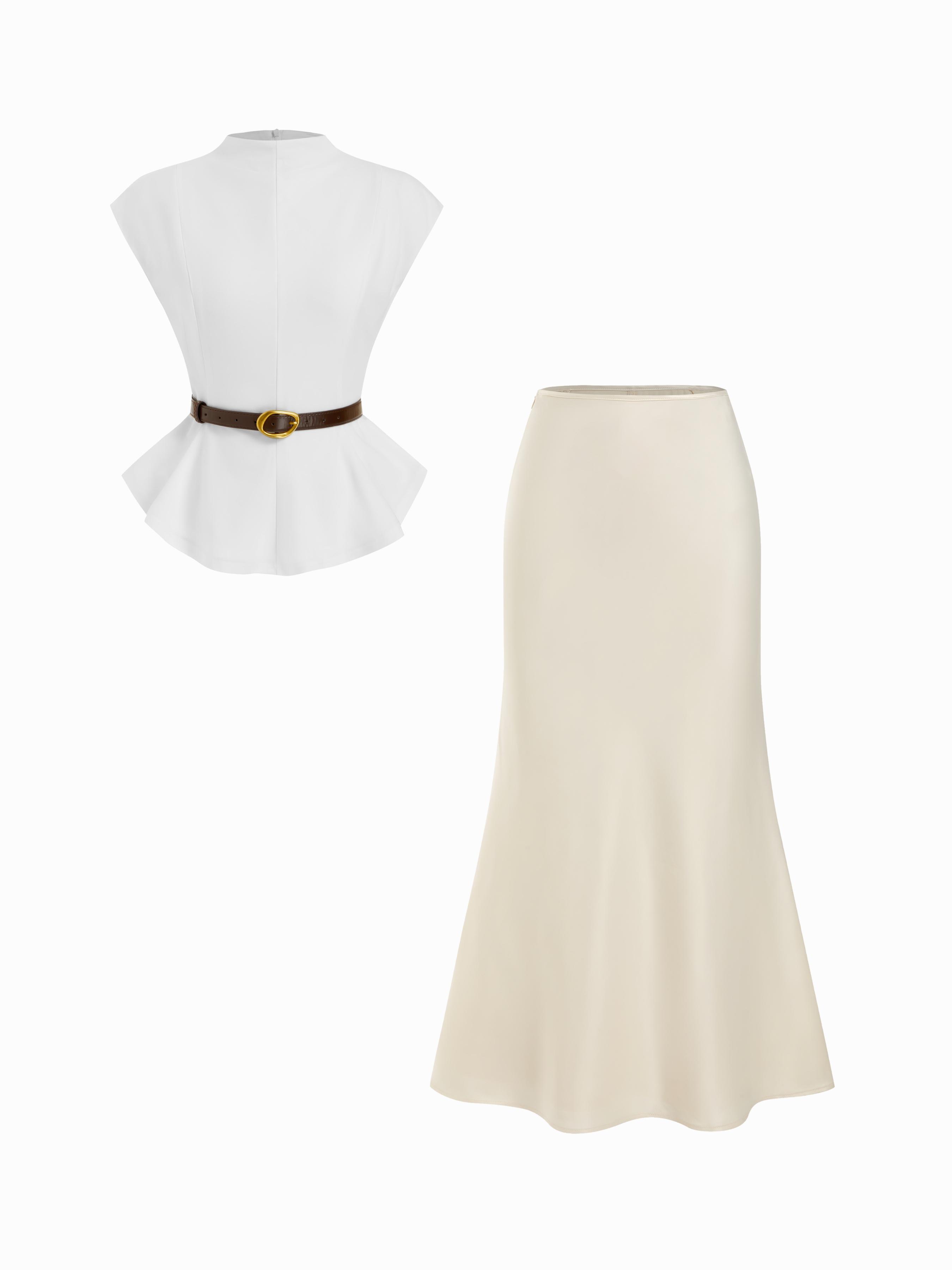 Stand Collar Cinched Waist Top With Belt & Zipper Mermaid Maxi Skirt Set by CIDER