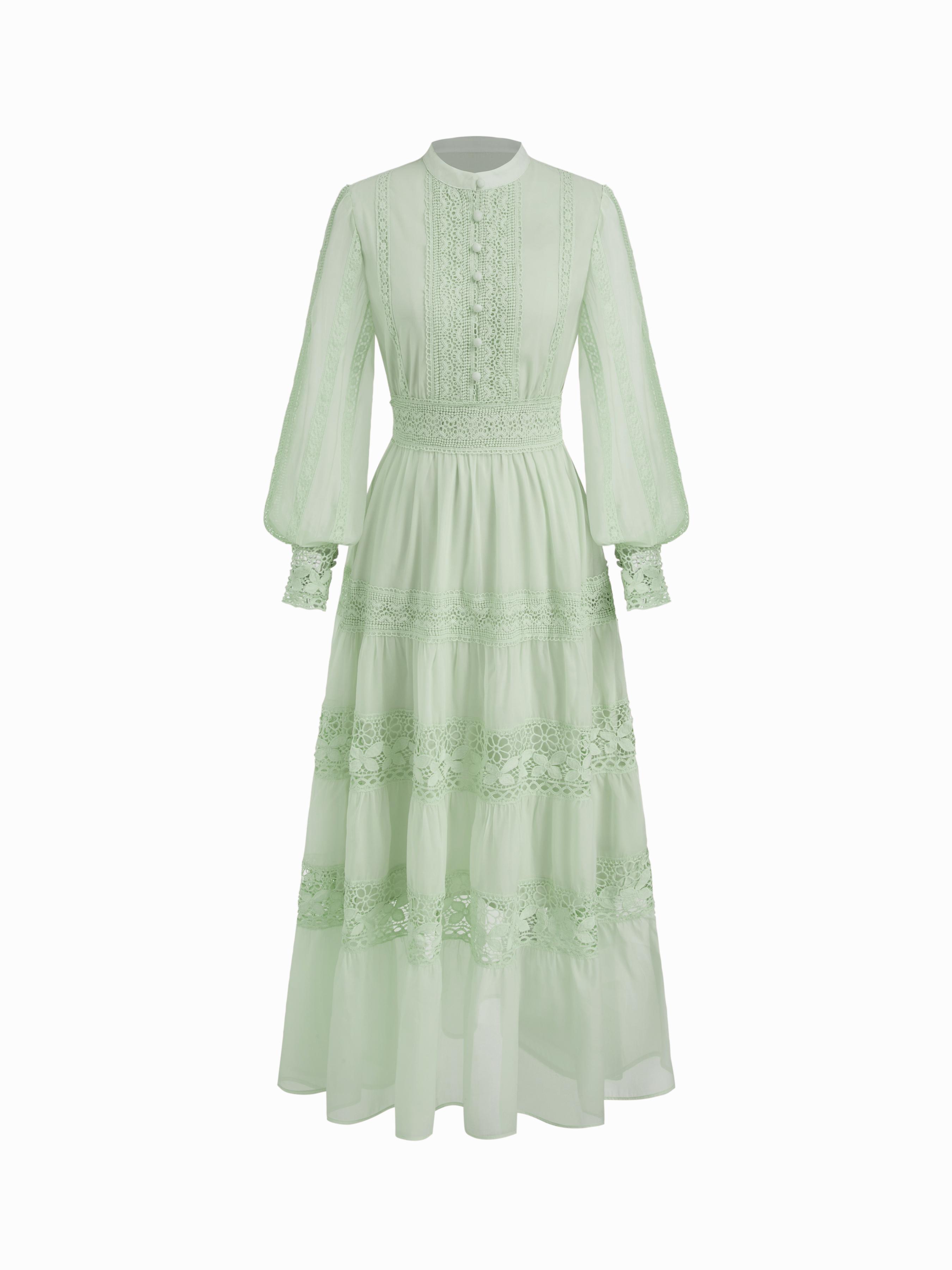 Stand Collar Embroidery Hollow Out Tie Back Knotted Lantern Sleeve Maxi Dress by CIDER