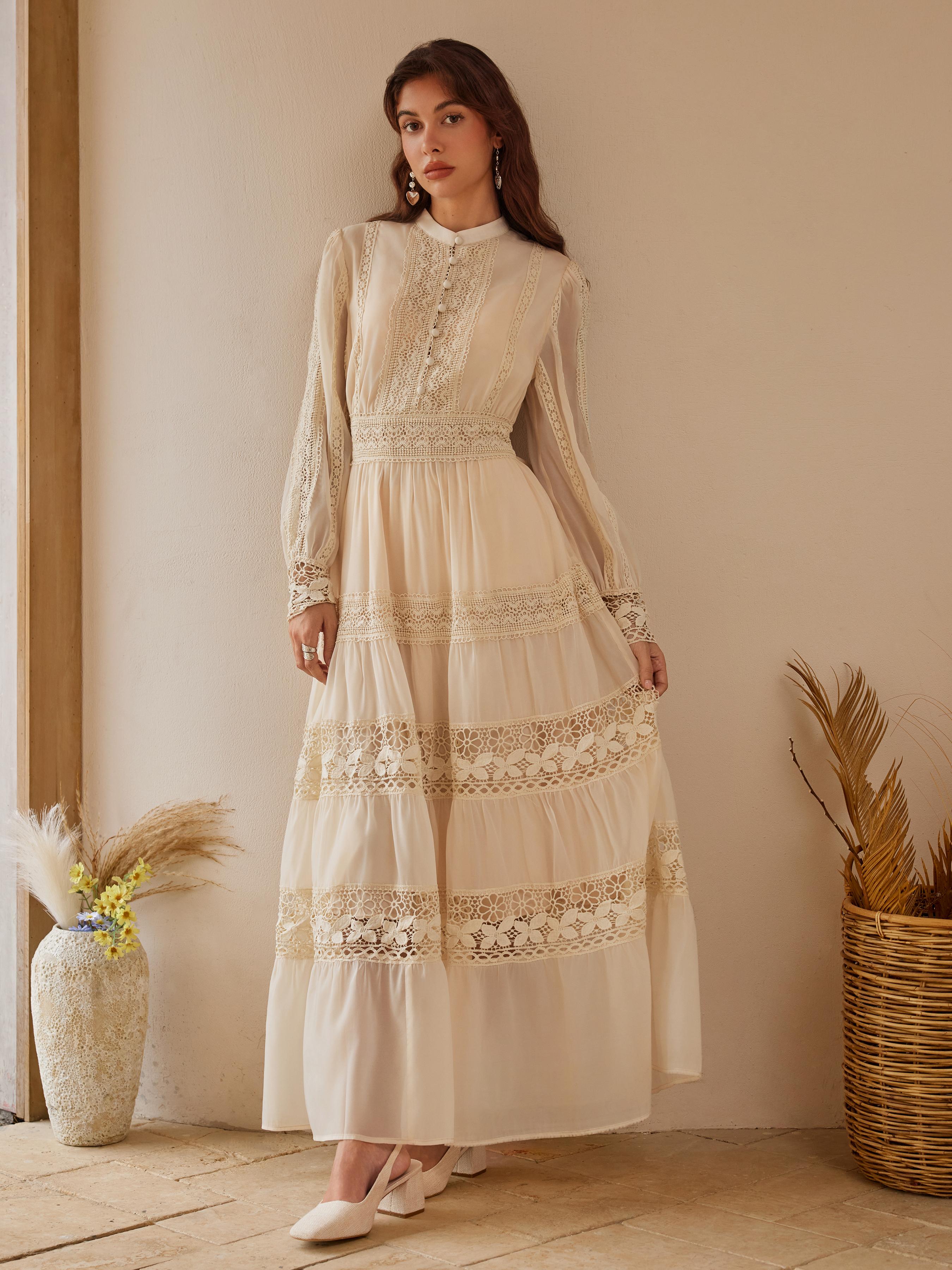 Stand Collar Embroidery Hollow Out Tie Back Knotted Lantern Sleeve Maxi Dress by CIDER