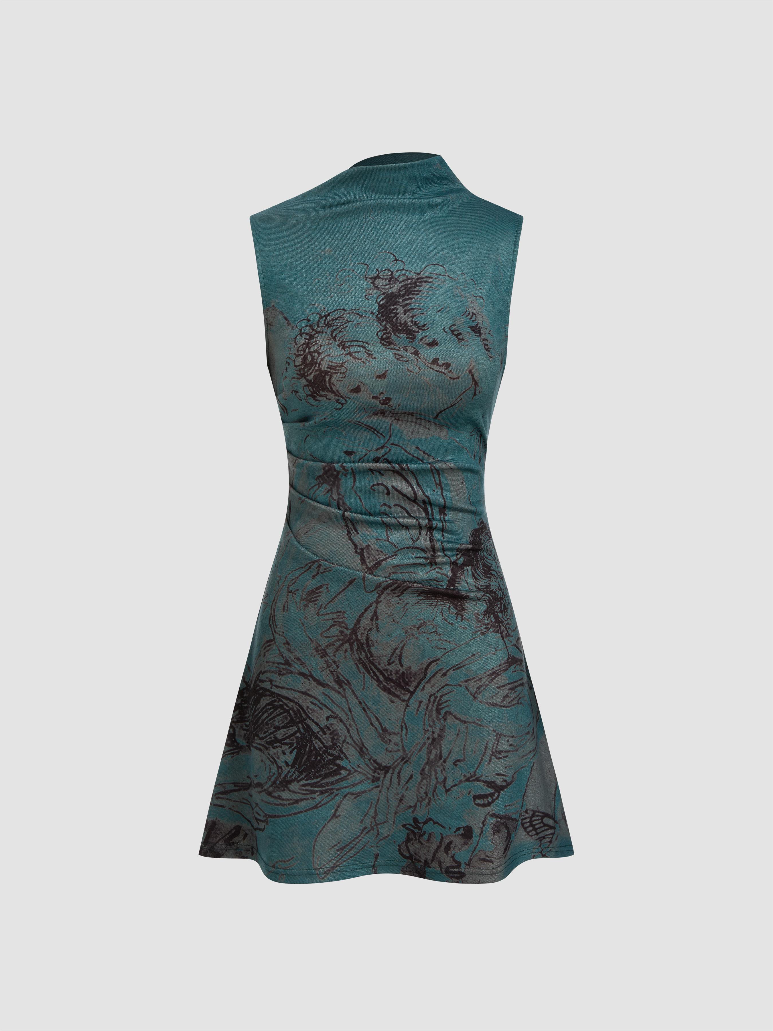 Stand Collar Figure Graphic Ruched Mini Dress by CIDER