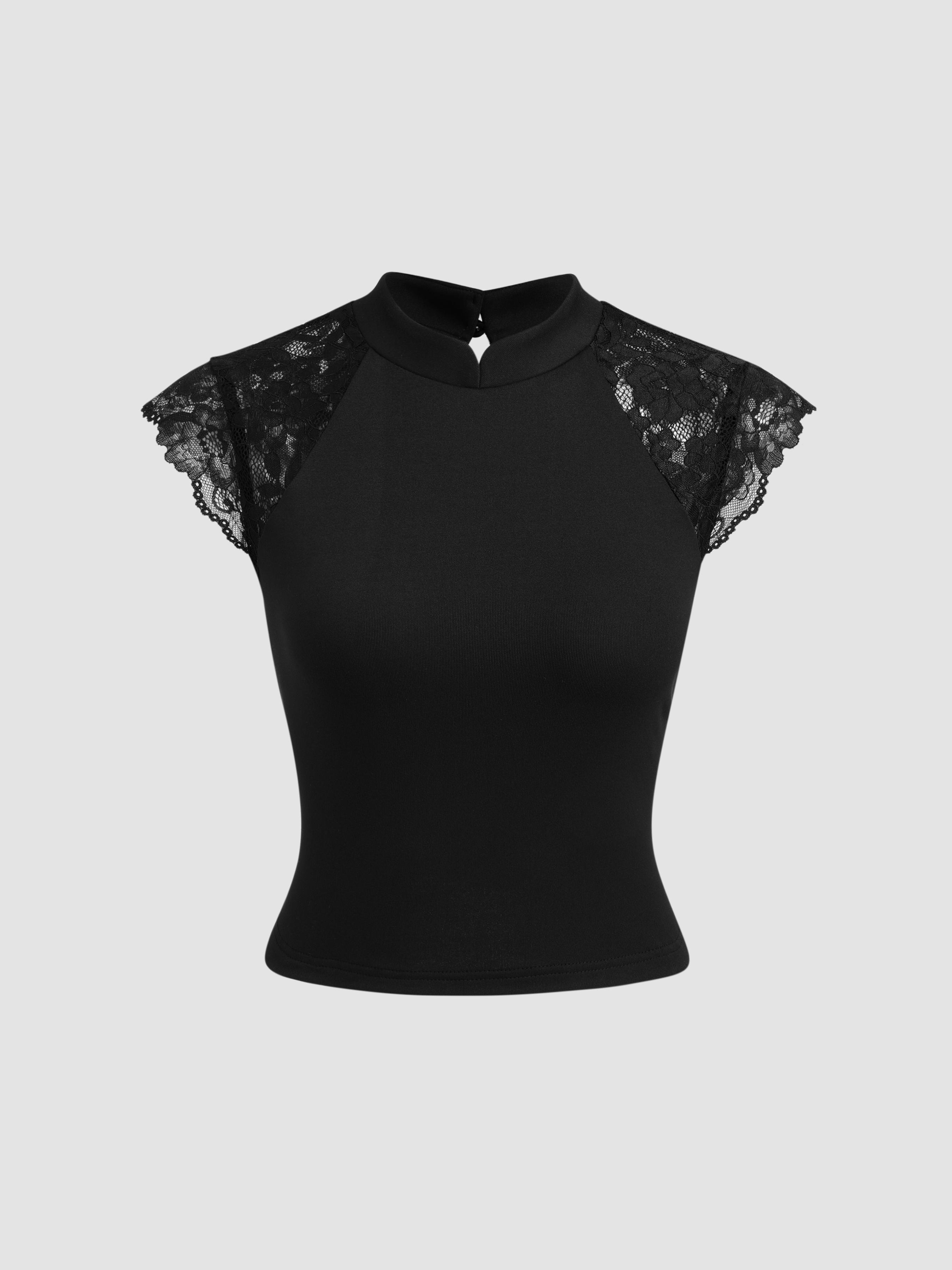 Stand Collar Floral Lace Patched Short Sleeve Top by CIDER