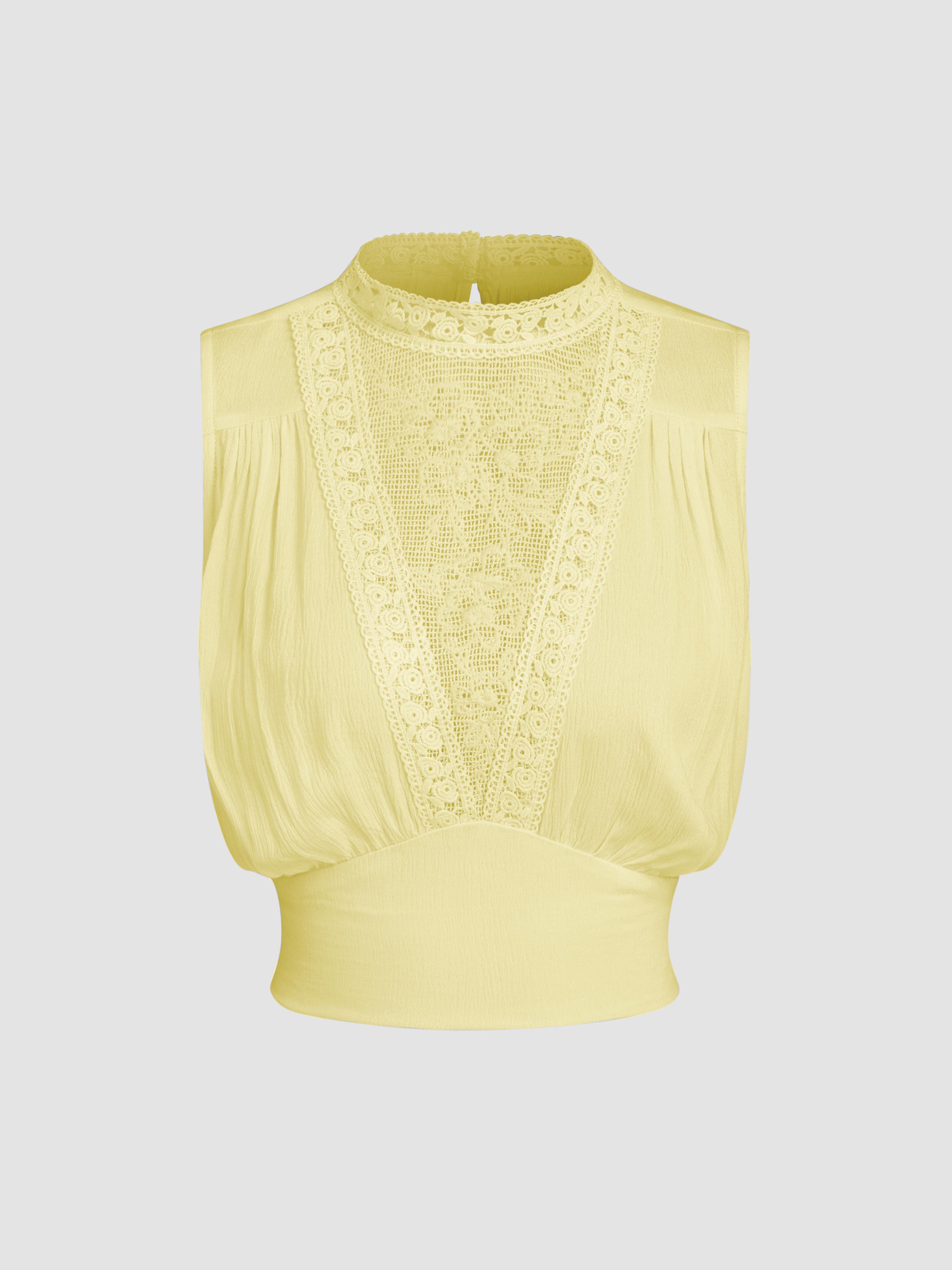 Stand Collar Lace Embroidery Crop Tank Top by CIDER