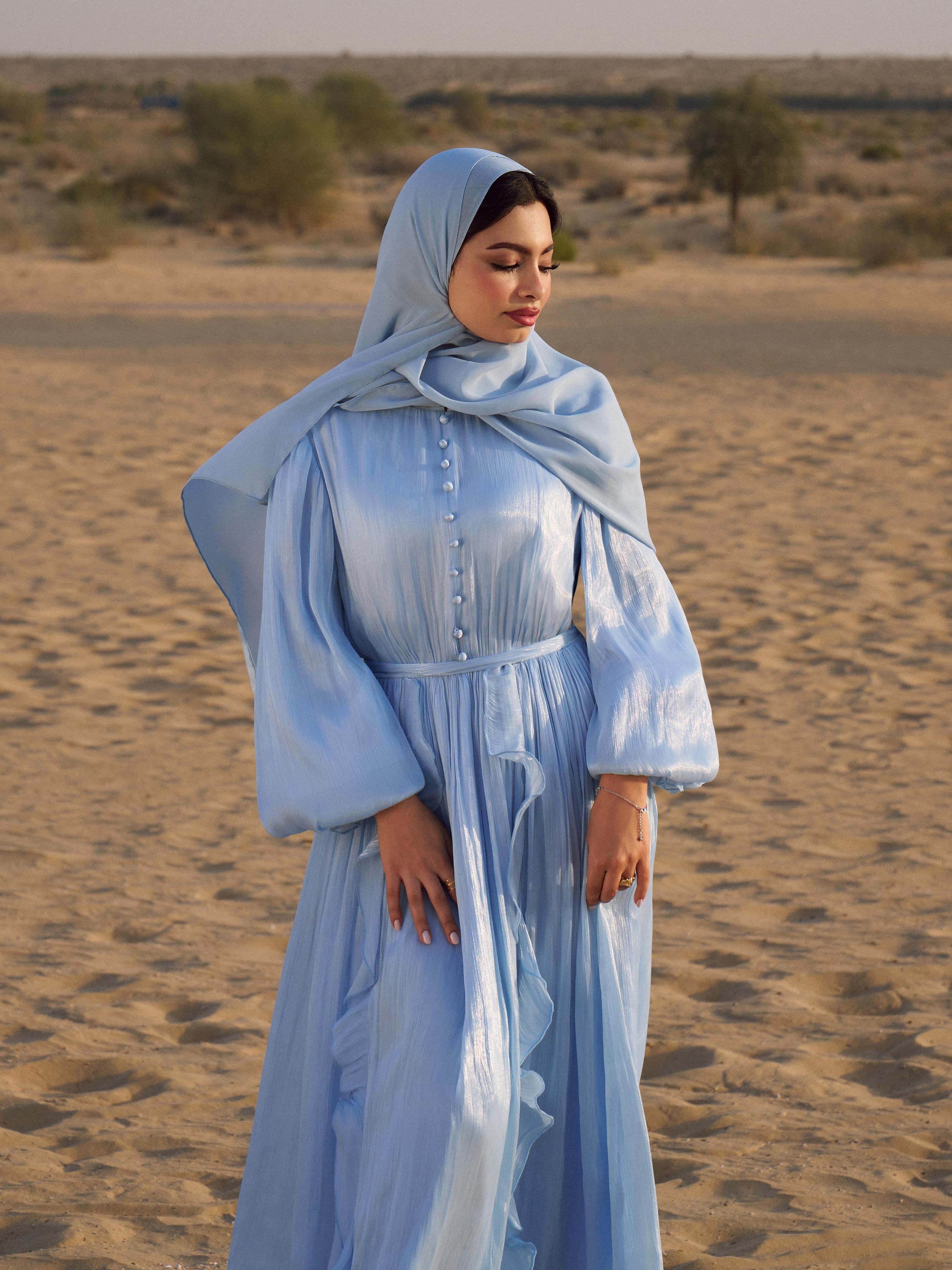 Stand Collar Lantern Sleeve Ruffled Belted Flared Maxi Dress by CIDER
