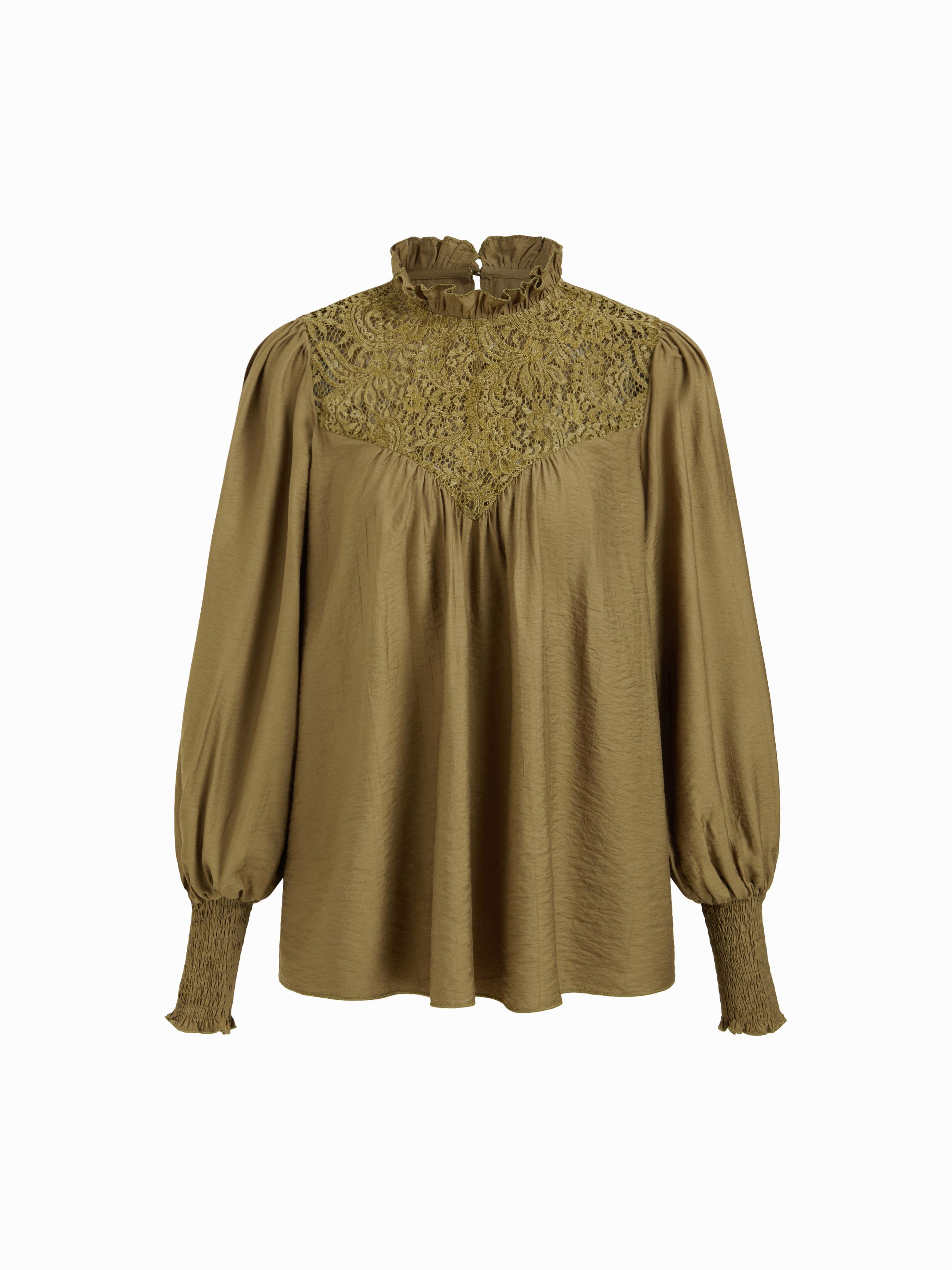 Stand Collar Leg-of-mutton Sleeve Floral Ruffle Trim Blouse by CIDER