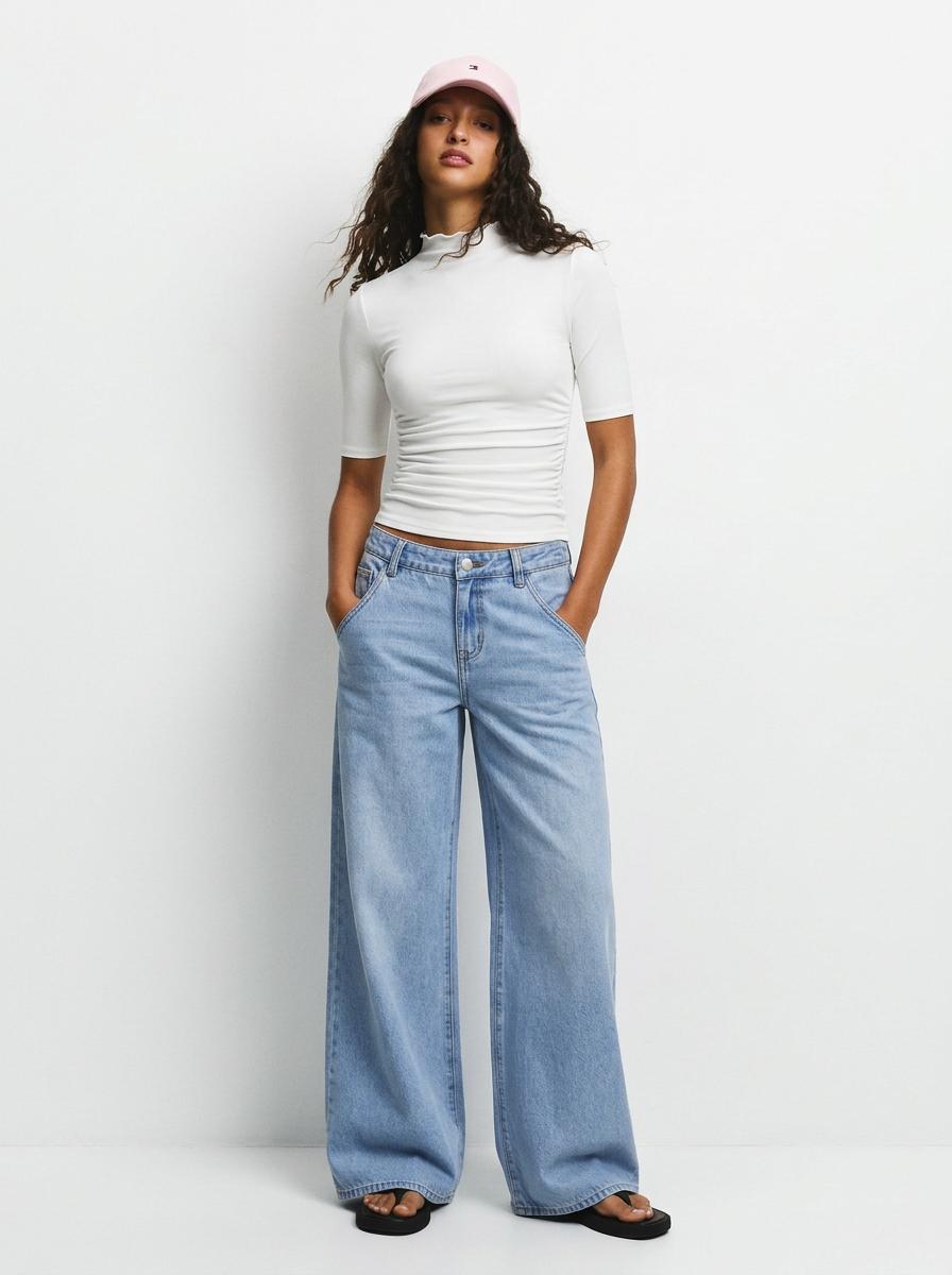 Stand Collar Lettuce Trim Ruched Mid-length Sleeve Tee by CIDER