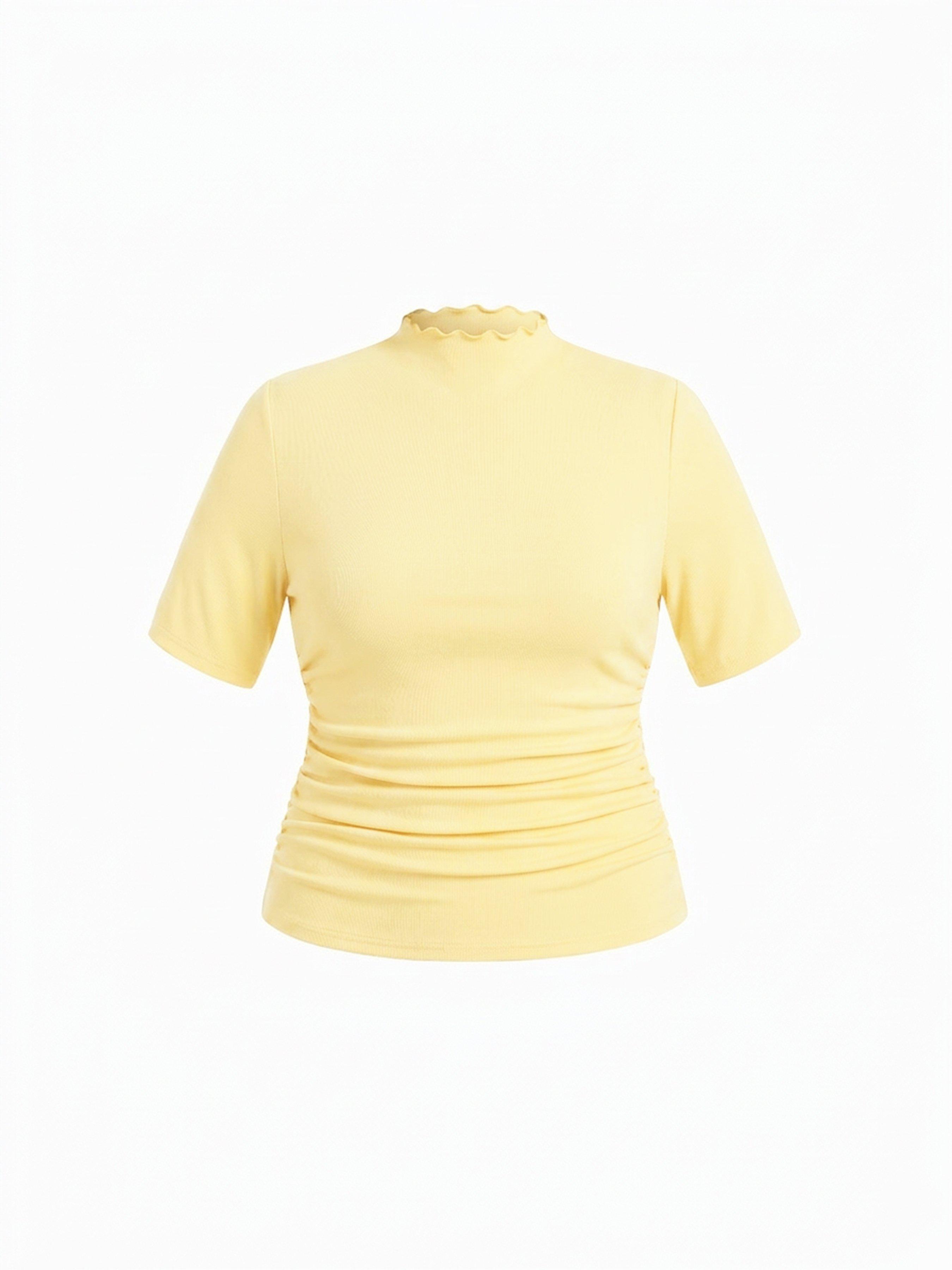 Stand Collar Lettuce Trim Ruched Mid-length Sleeve Tee Curve & Plus by CIDER