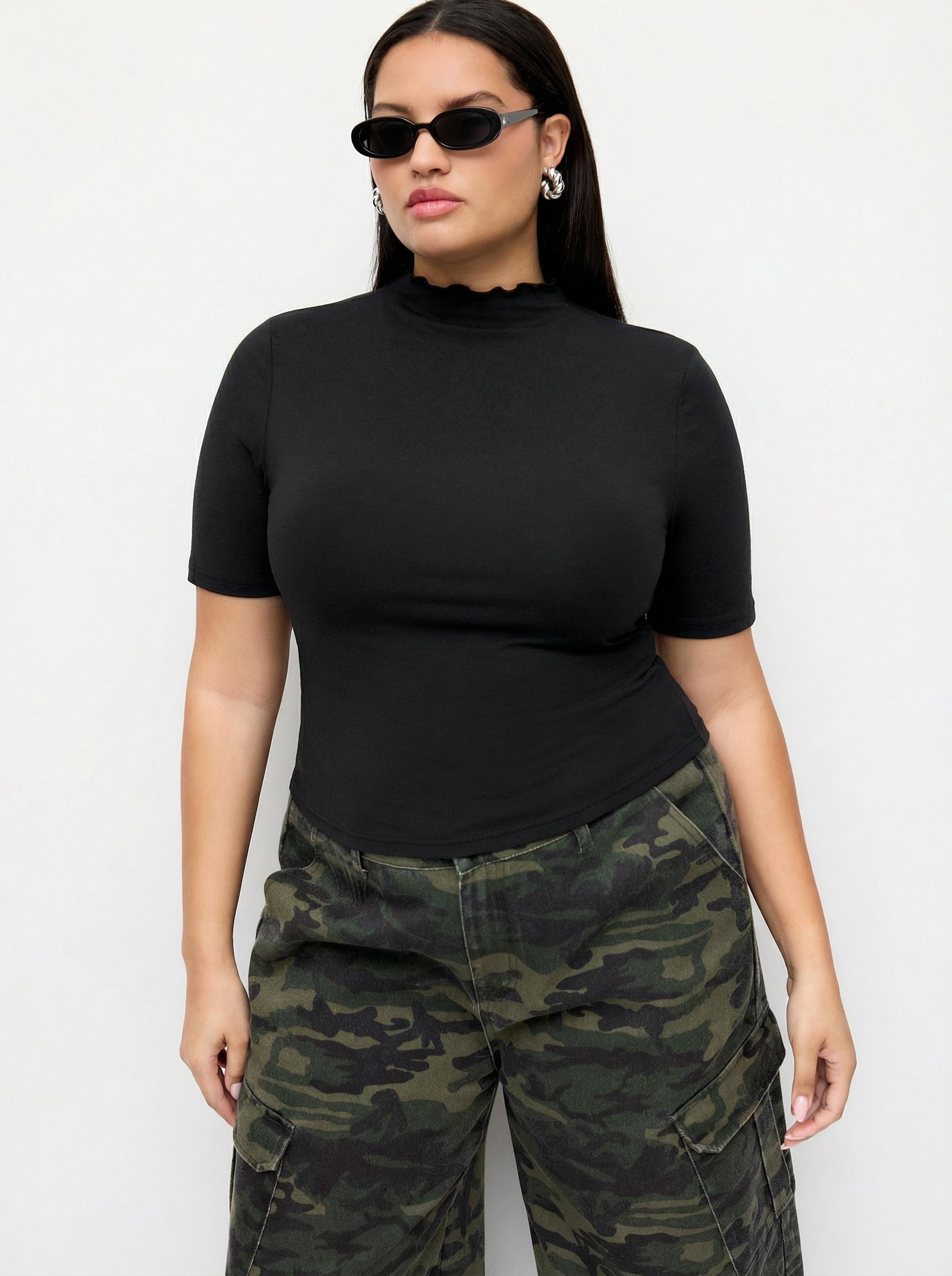 Stand Collar Lettuce Trim Ruched Mid-length Sleeve Tee Curve & Plus by CIDER