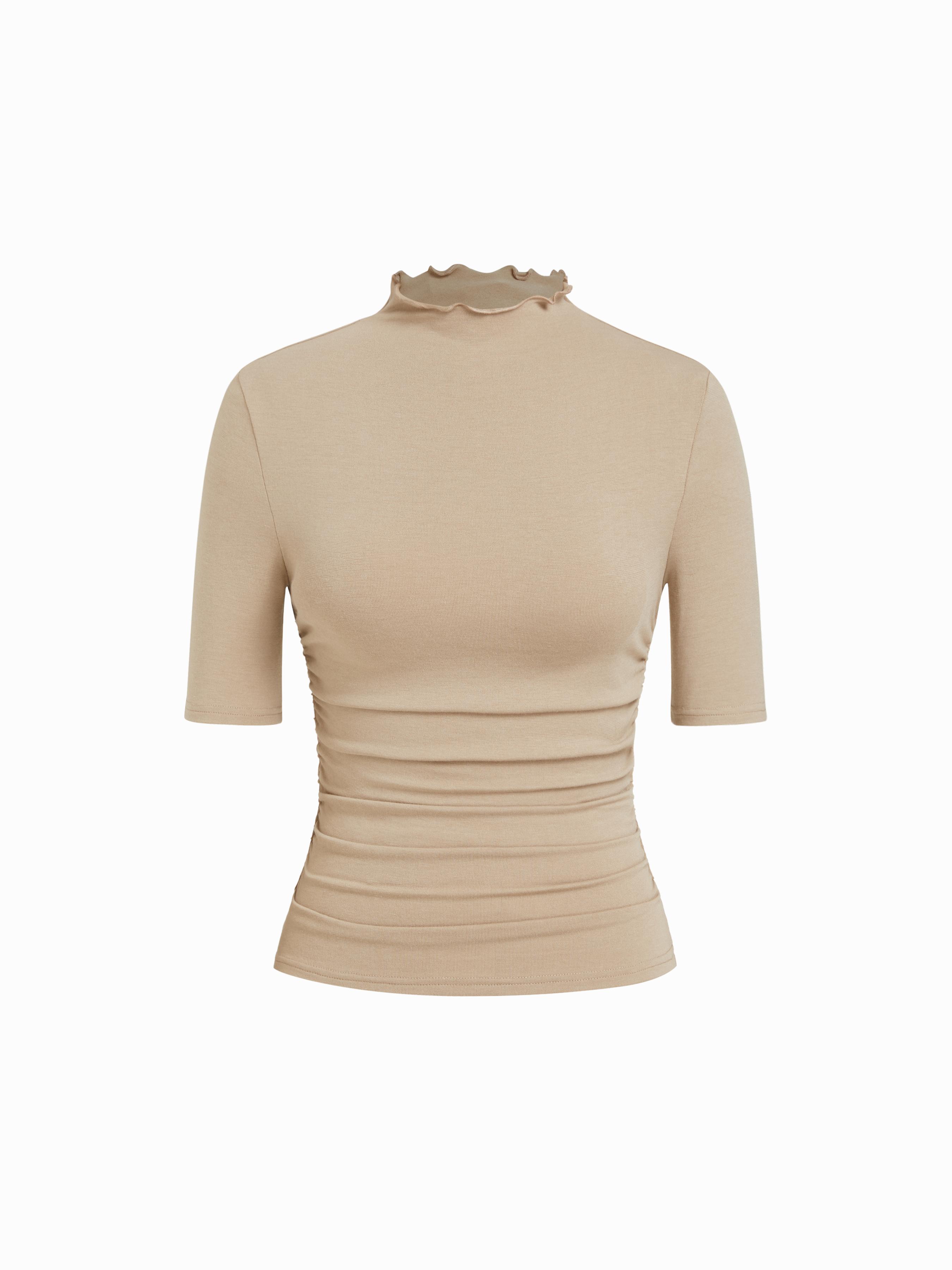 Stand Collar Lettuce Trim Ruched Mid-length Sleeve Tee by CIDER