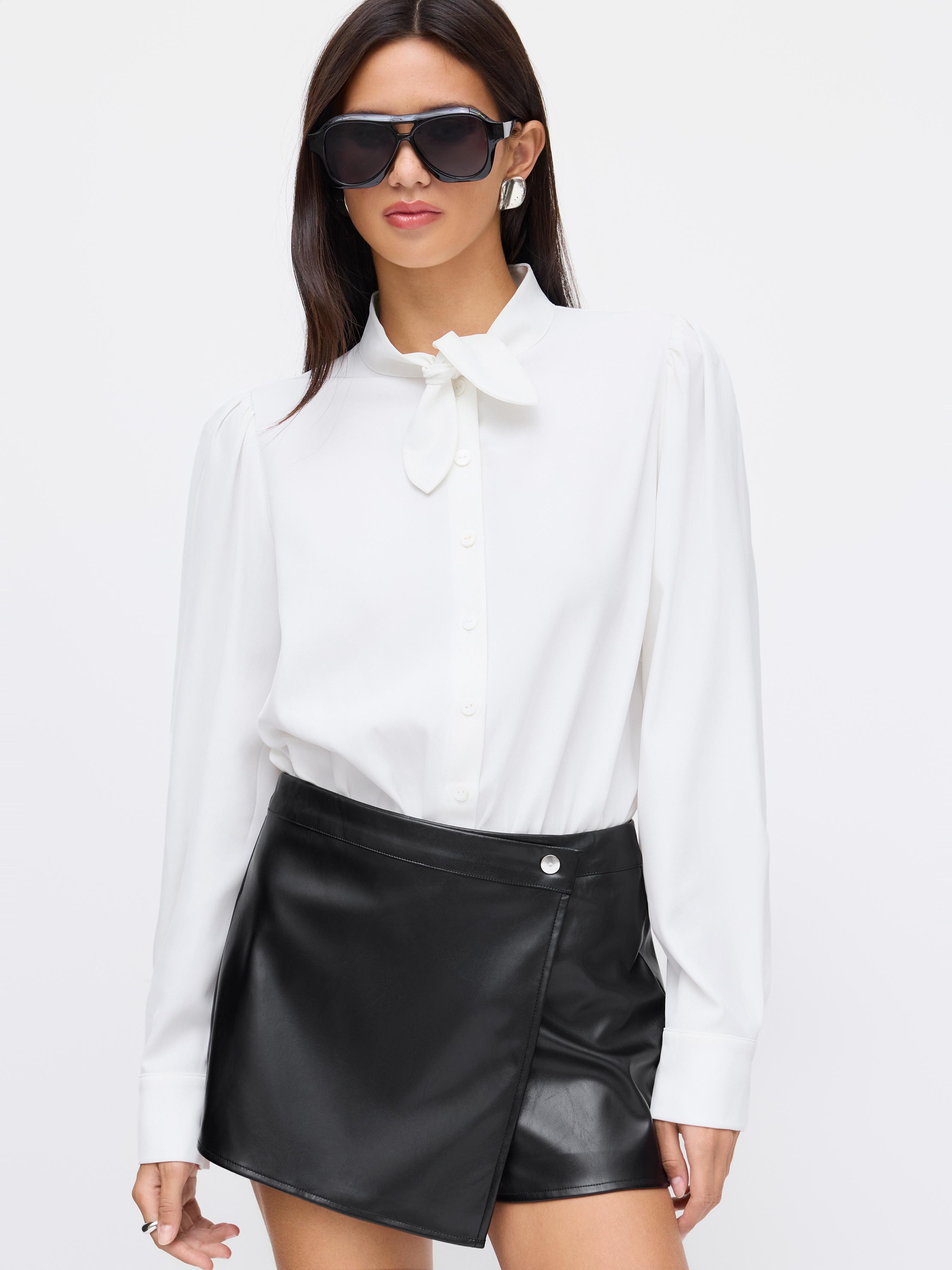 Stand Collar Long Sleeve Knotted Button Shirt Bodysuit by CIDER Stand Collar Long Sleeve Knotted Button Shirt Bodysuit by CIDER