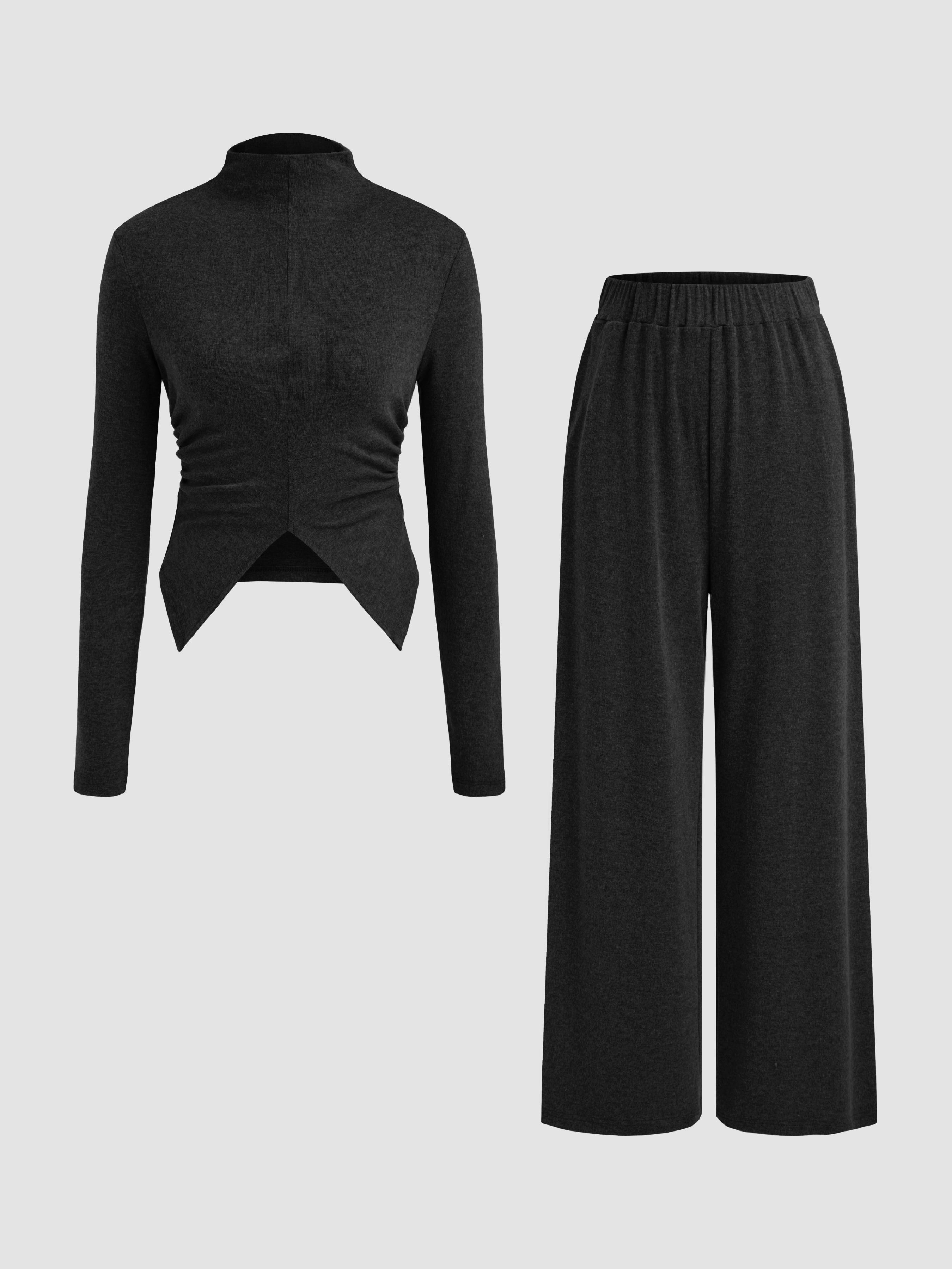 Stand Collar Long Sleeve Top & Elastic Waist Wide Leg Trousers by CIDER